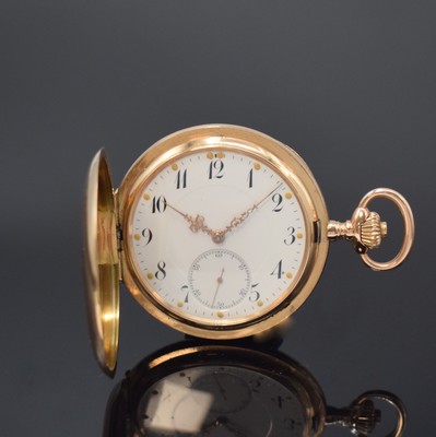 Image 26756937 - IWC 14k pink gold hunting cased pocket watch, Switzerland around 1910, well preserved, engine-turned 3-cover gold case, enamel dial with Arabic numerals, later luminous-dots, gilded Louis-XV hands, gold plated movement calibre 53, 16 jewels, 4 screwed chatons, compensation-balance with Breguet-hairspring, precision adjustment, diameter approx. 53 mm, weight approx. 98 g, condition 2