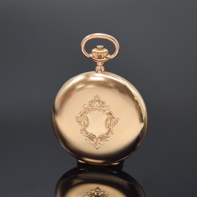 Image 26756937b - IWC 14k pink gold hunting cased pocket watch, Switzerland around 1910, well preserved, engine-turned 3-cover gold case, enamel dial with Arabic numerals, later luminous-dots, gilded Louis-XV hands, gold plated movement calibre 53, 16 jewels, 4 screwed chatons, compensation-balance with Breguet-hairspring, precision adjustment, diameter approx. 53 mm, weight approx. 98 g, condition 2