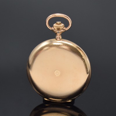 Image 26756937c - IWC 14k pink gold hunting cased pocket watch, Switzerland around 1910, well preserved, engine-turned 3-cover gold case, enamel dial with Arabic numerals, later luminous-dots, gilded Louis-XV hands, gold plated movement calibre 53, 16 jewels, 4 screwed chatons, compensation-balance with Breguet-hairspring, precision adjustment, diameter approx. 53 mm, weight approx. 98 g, condition 2