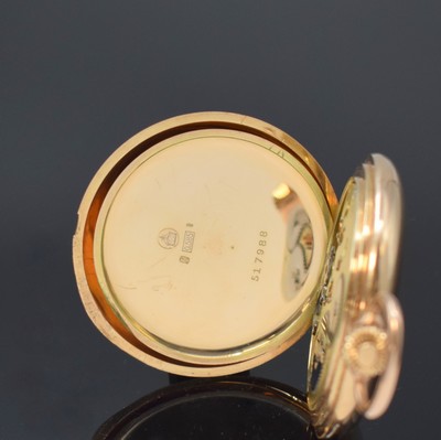 26756937f - IWC 14k pink gold hunting cased pocket watch, Switzerland around 1910, well preserved, engine-turned 3-cover gold case, enamel dial with Arabic numerals, later luminous-dots, gilded Louis-XV hands, gold plated movement calibre 53, 16 jewels, 4 screwed chatons, compensation-balance with Breguet-hairspring, precision adjustment, diameter approx. 53 mm, weight approx. 98 g, condition 2