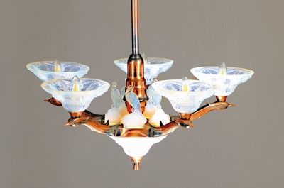 Image 26757213 - Ceiling lamp, France, Ezan, 1930/40s, copper- plated metal frame, five arms, glass bowls with bird and leaf look, colorless glass partially opalescent, copper arms in the shape of stylized Bird heads with necks, decorated inside with five crane sculptures made of molded glass, glass cover also illuminated at the bottom, intact, glasses partly monogrammed, height approx. 86 cm, width 75 cm