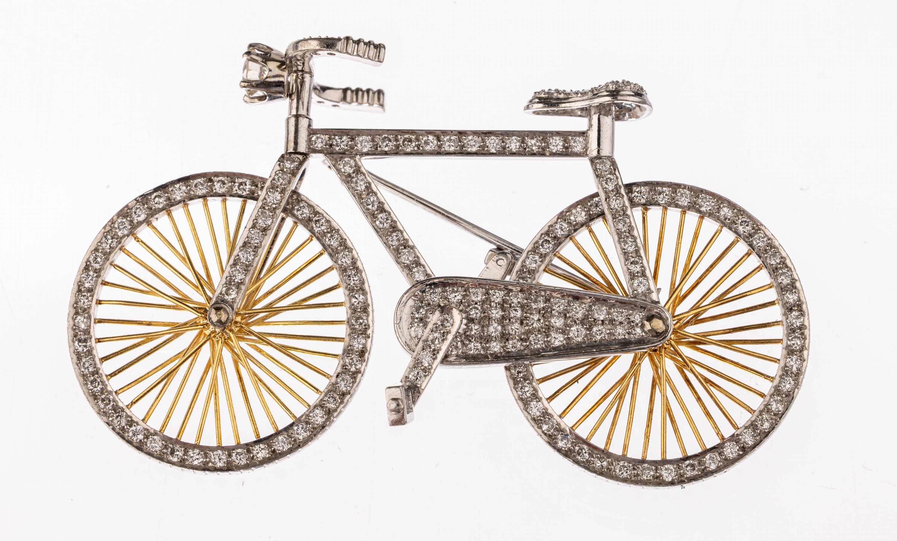 Ausgefallene 18 kt Gold Brillant-Brosche "Fahrrad", GG/WG 750/000, Räder, Lenker und Pedale bewegl. gearbeitet, Unikat, Brillanten zus. ...