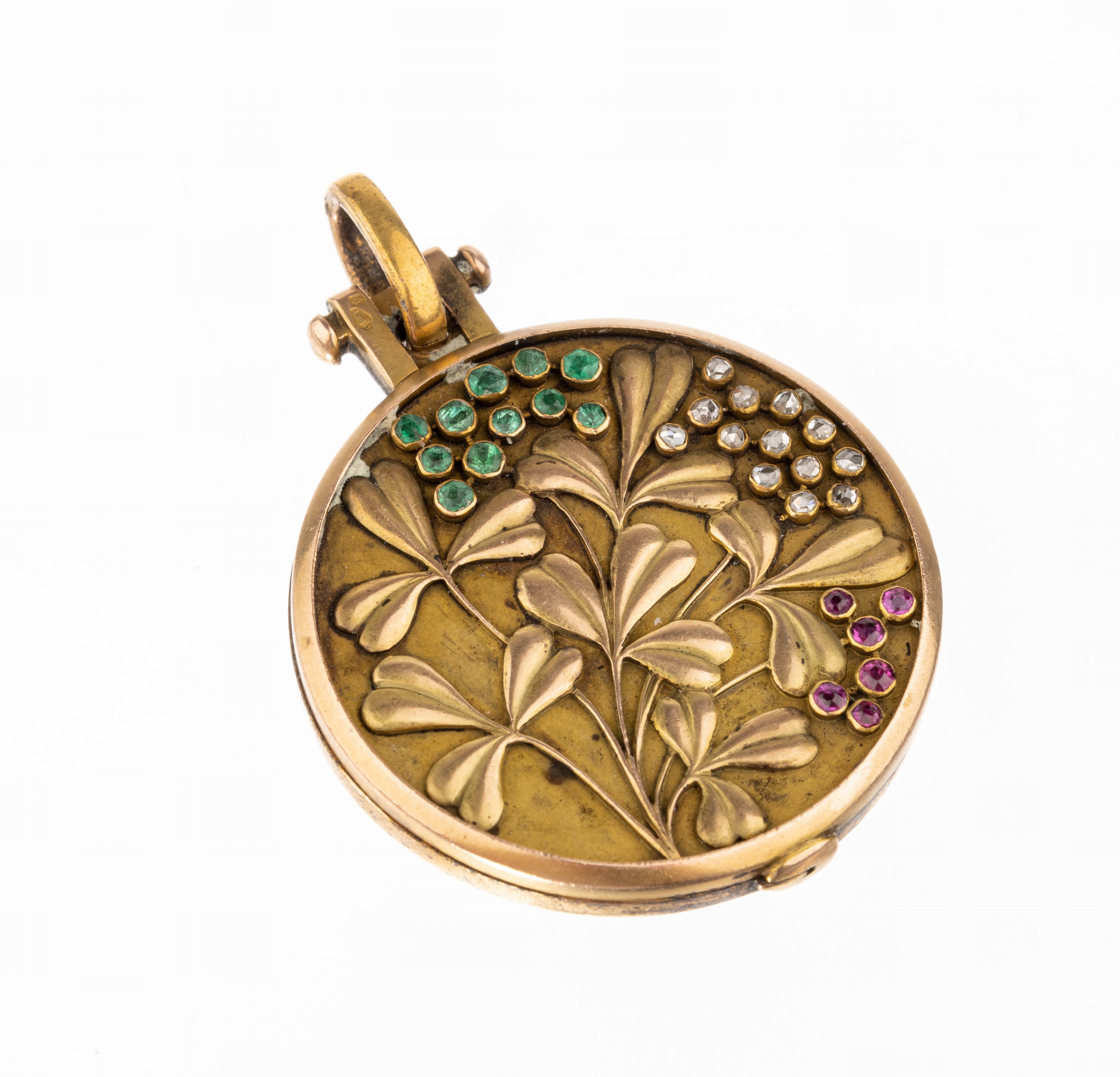 14 kt Gold Jugendstil Farbstein-Diamant- Anhänger, GG 585/000, um 1900, aufschiebbar, innen mit Spiegel (blind), aufgelegtes Blattdekor, ...