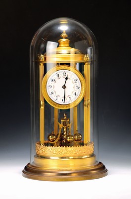 Image 26757723 - Annual clock with rotating pendulum, model Louvre, watch manufacturer treasure, around 1950-60, brass casing in pavilion shape with mineral glass dome, enamel dial with floral arcades, Graham gear with pallets, with pendulum spring protective sleeve, tested in ashort-term test, starts running, height with glass dome approx. 44cm, condition of movement2- 3, housing 2