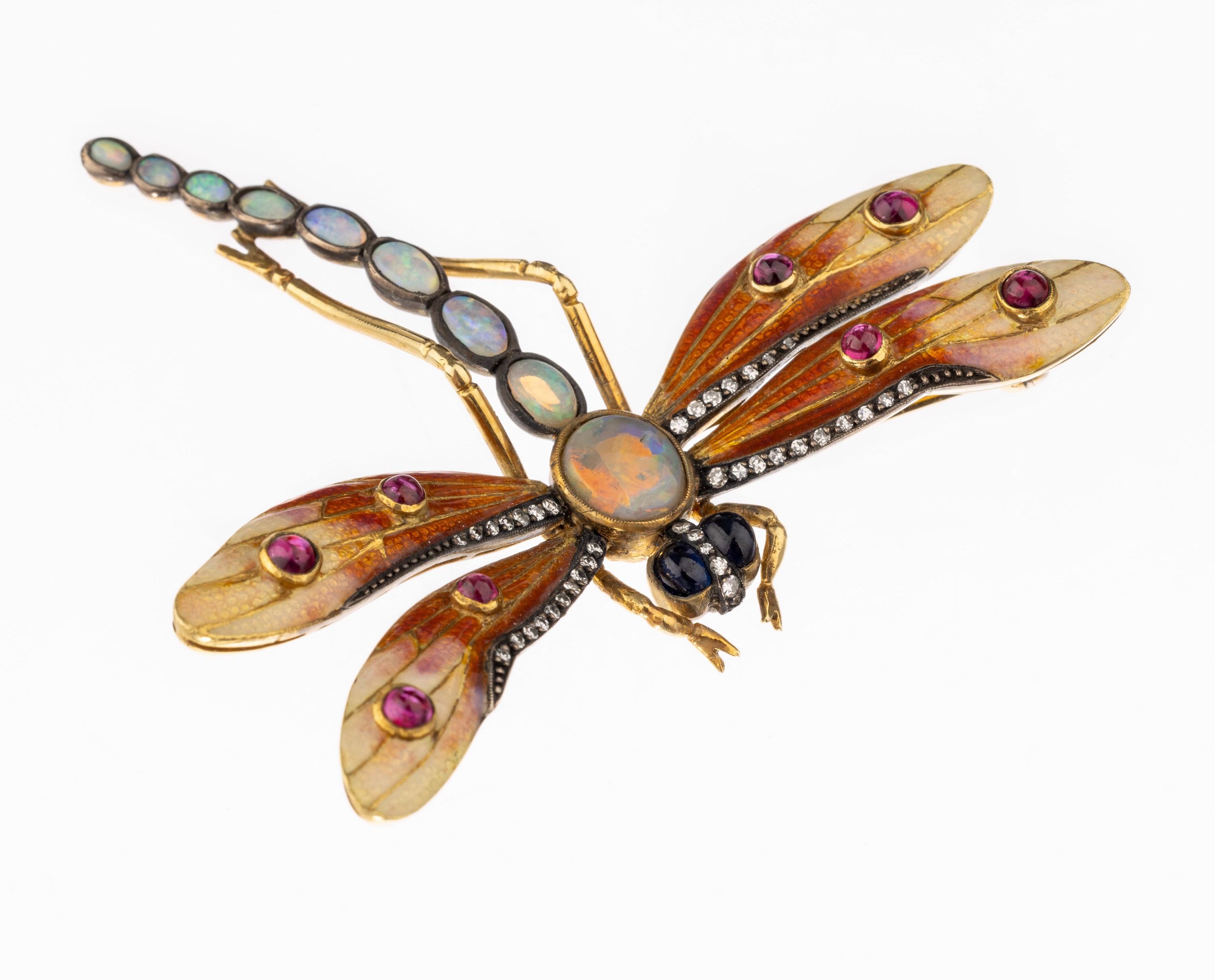 18 kt Gold Diamant-Farbstein-Brosche "Libelle", GG 750/000, qualitätvolle Verarbeitung, Flügel fein emailliert und mit 8Rubin-Cabochons ...