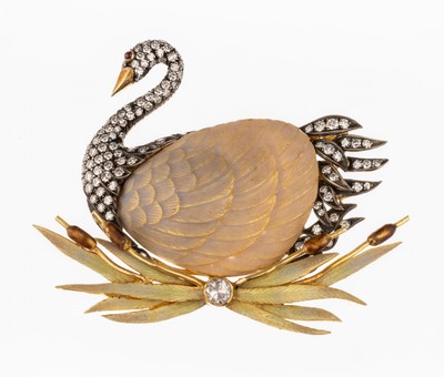 Image 26759740 - 18 kt gold diamond-brooch "swan"