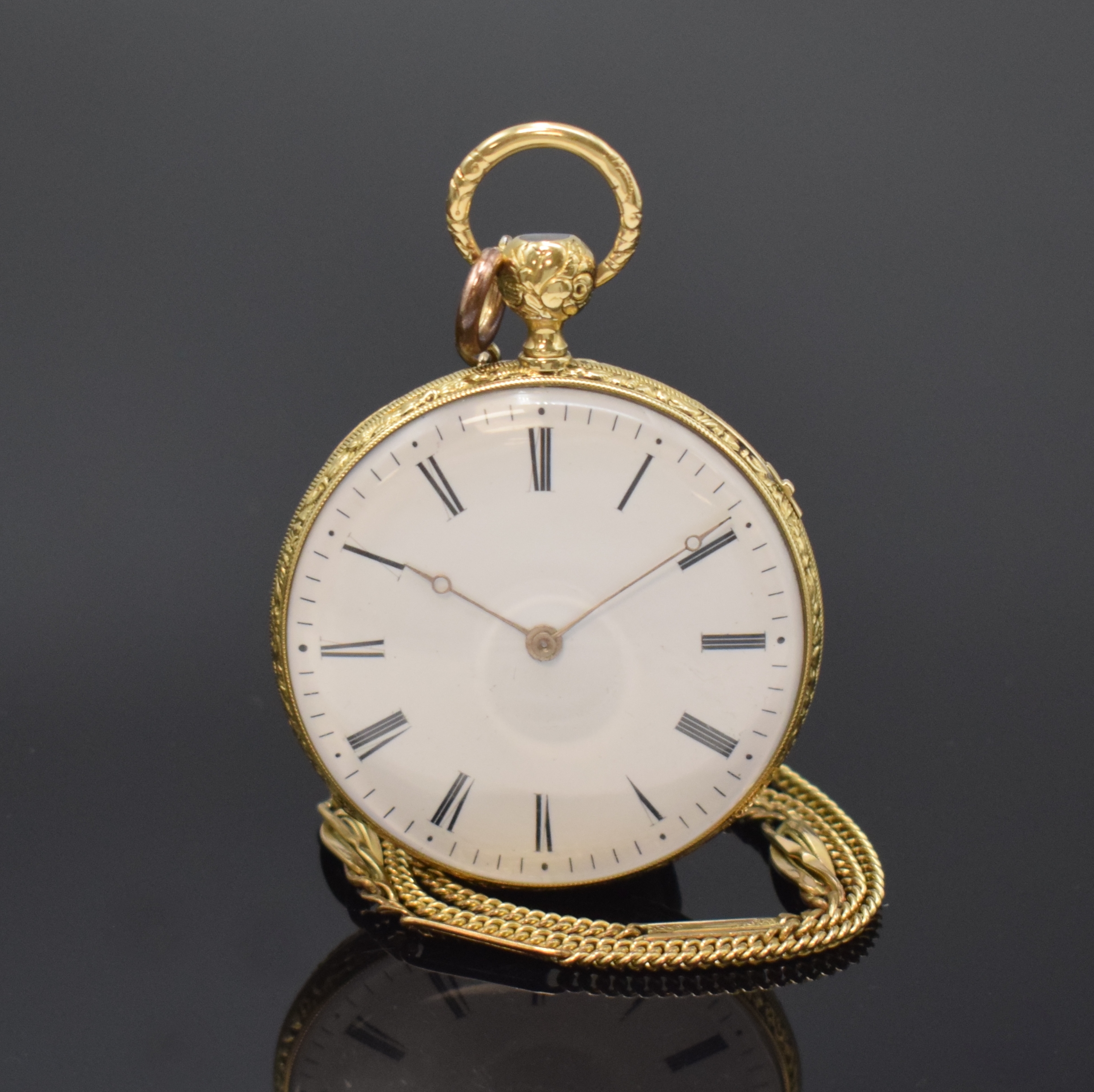 Offene Taschenuhr mit 1/4-Stunden- Repetition, Schweiz um 1840, Schlüsselaufzug, Geh. m. à-Goutte-Schlüssen, rücks. grav. Jäger-Szene von ...