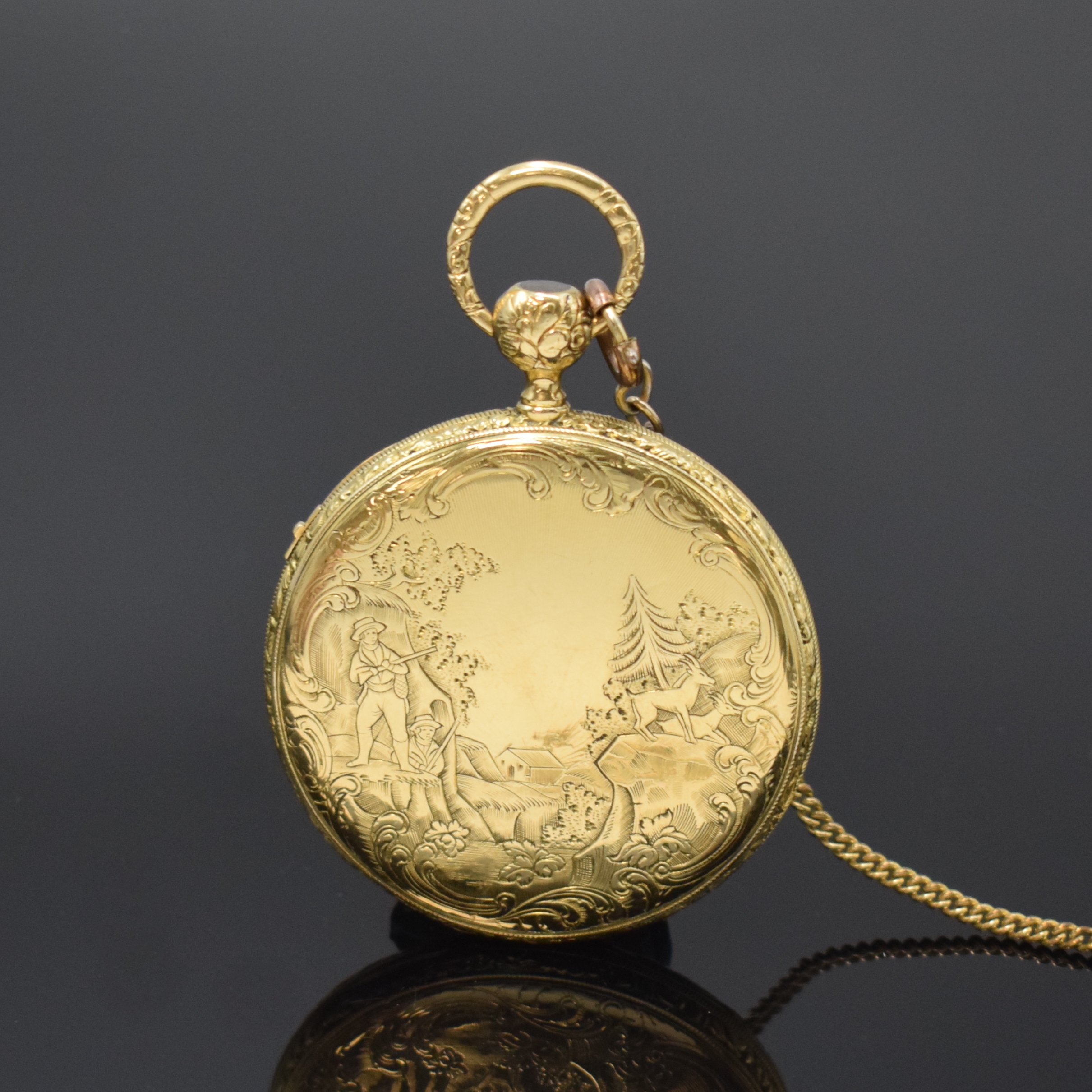 Detail a: Offene Taschenuhr mit 1/4-Stunden- Repetition, Schweiz um 1840, Schlüsselaufzug, Geh. m. à-Goutte-Schlüssen, rücks. grav. Jäger-Szene von ...