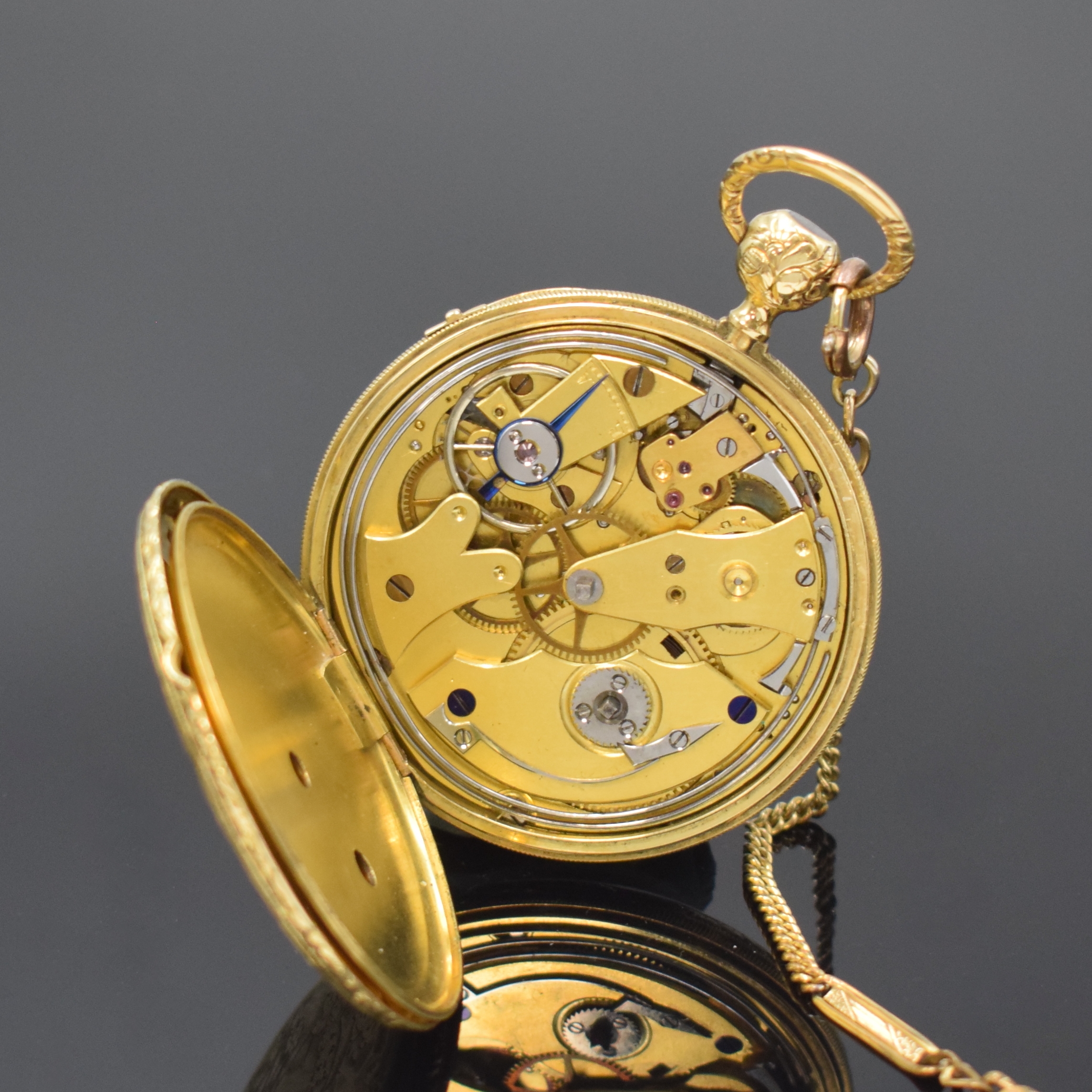 Detail d: Offene Taschenuhr mit 1/4-Stunden- Repetition, Schweiz um 1840, Schlüsselaufzug, Geh. m. à-Goutte-Schlüssen, rücks. grav. Jäger-Szene von ...