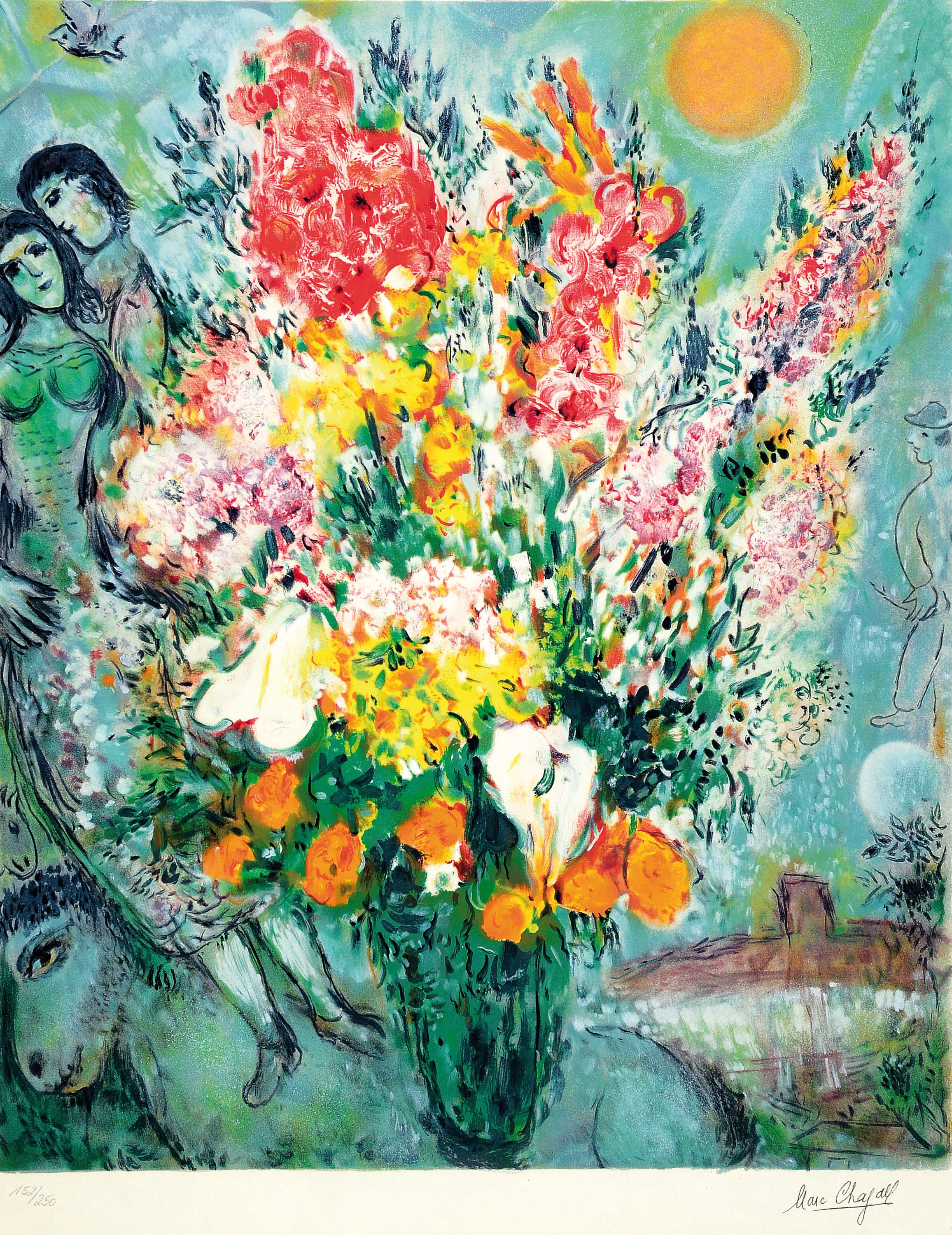 Marc Chagall 1887-1985, Farblithographie aufJapan, Blumenbouquet, um 1981, Stempelsignaturund nummeriert Ed. 152/250, unter Glas gerahmt93x73 cm