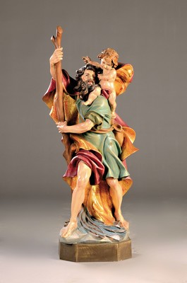 Image 26759862 - Sculpture of St. Christopher, Oberammergau, mid-20th century, carved lime wood and paintedin polychrome and gold, height approx. 95cm