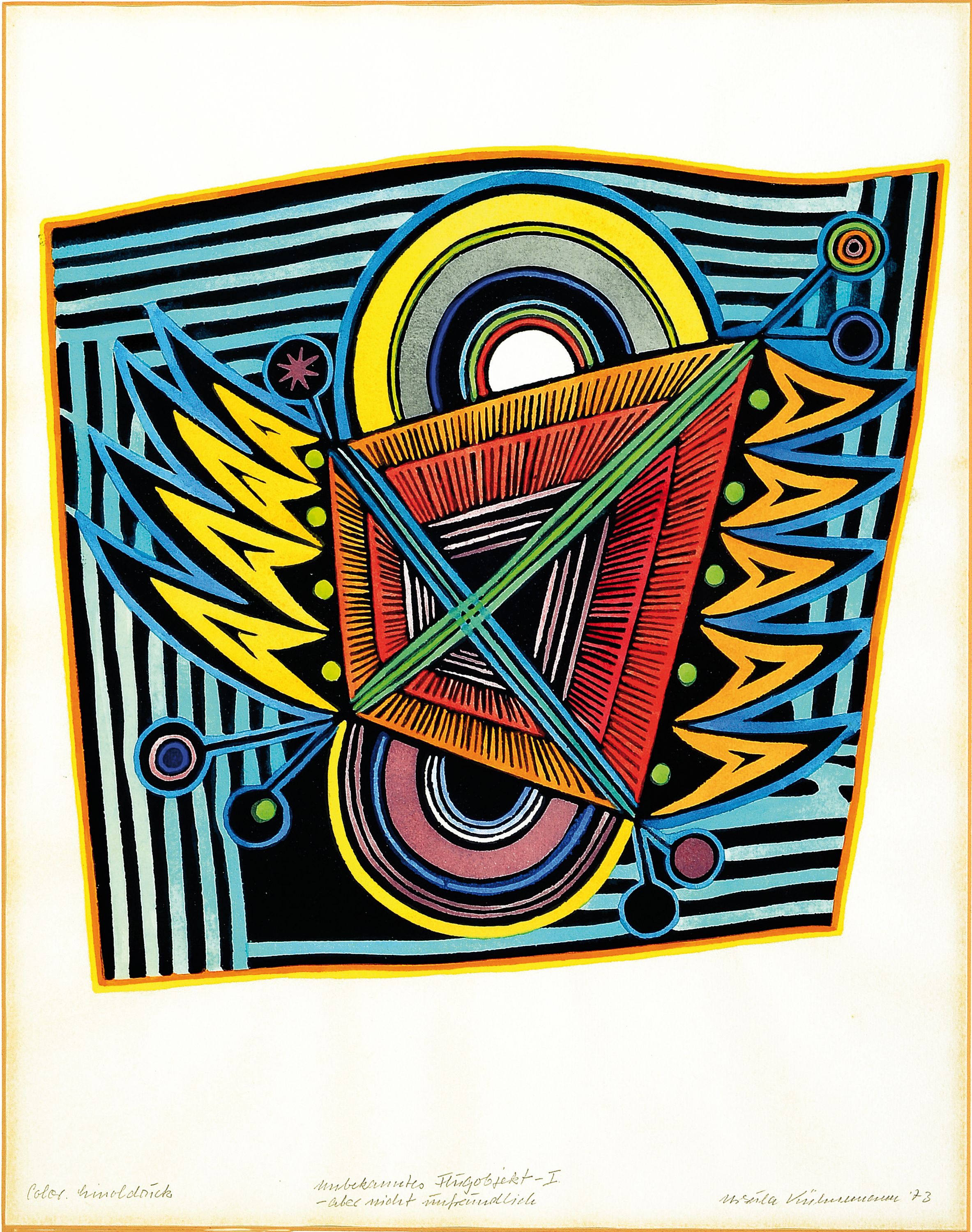 Ursula Kühnemann, 1924-2008, 3 kolorierte Linolschnitte, Nr. I bis III aus der Serie "Unbekannte Flugobjekte. aber nicht unfreundlich" von ...