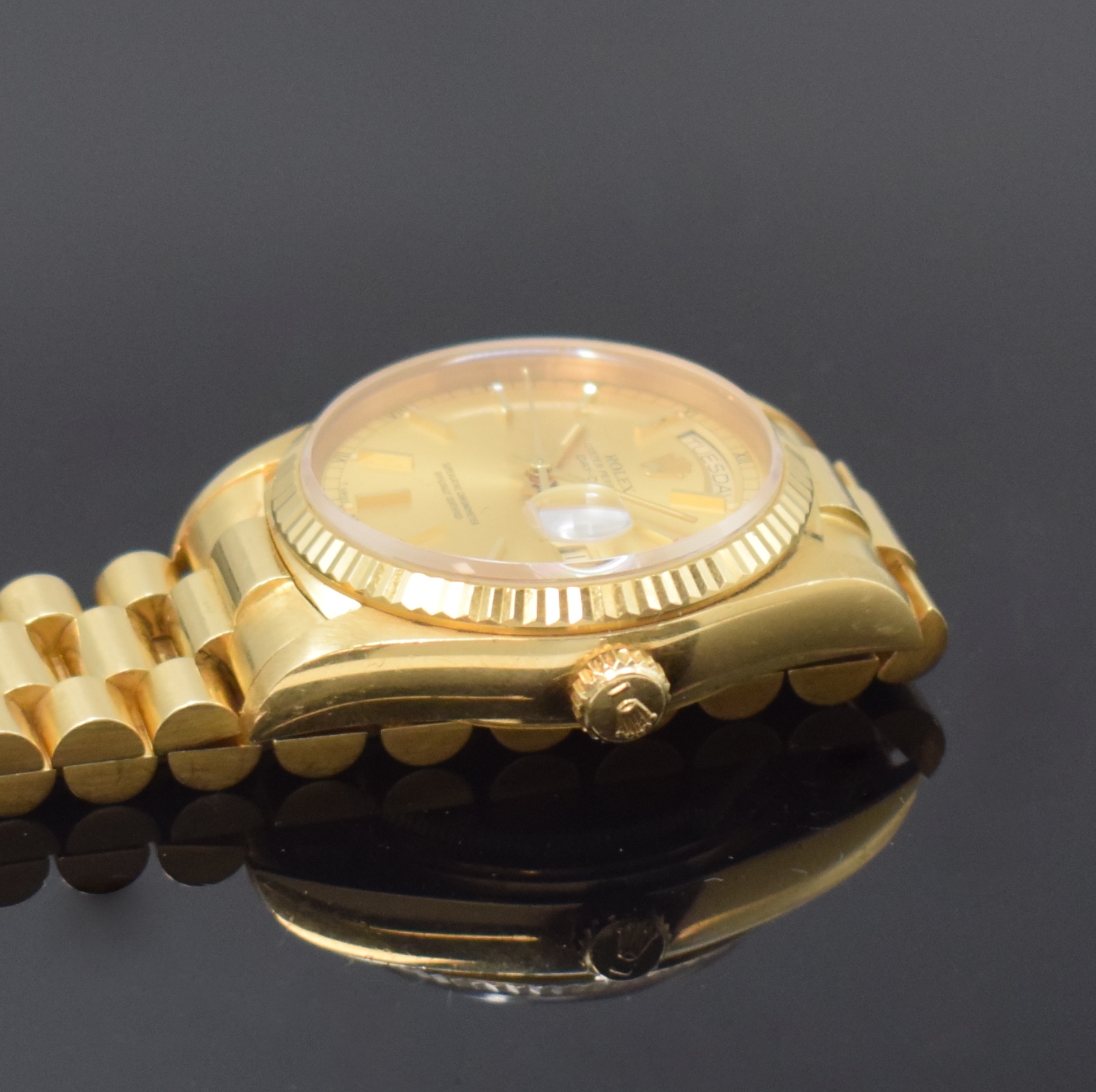 Detail d: ROLEX Armbanduhr Oyster Perpetual Day-Date in GG 750/000 Referenz 18038, Schweiz um 1980, Automatik, verschr. Oystergeh. inkl. Präsidentband m. ...