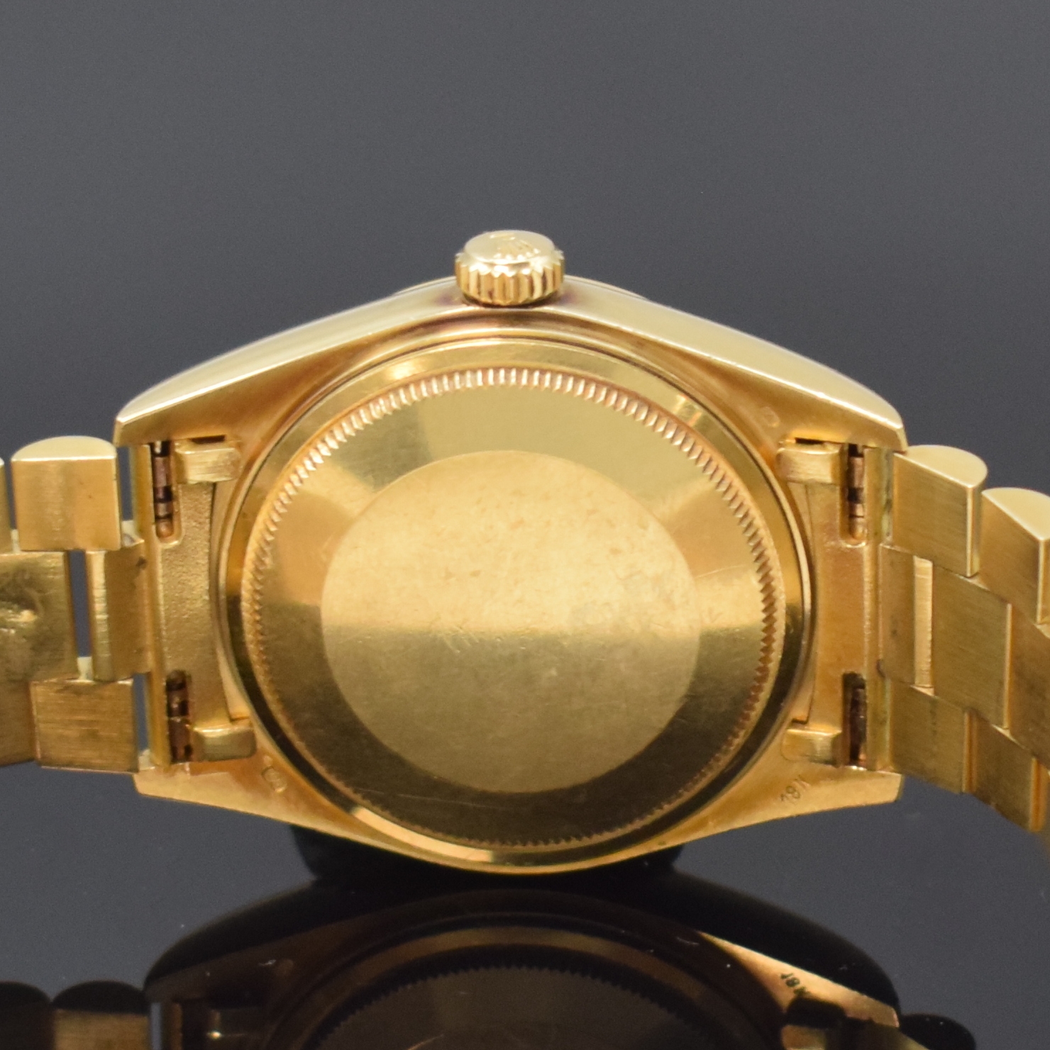 Detail e: ROLEX Armbanduhr Oyster Perpetual Day-Date in GG 750/000 Referenz 18038, Schweiz um 1980, Automatik, verschr. Oystergeh. inkl. Präsidentband m. ...