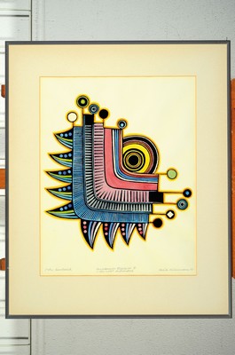 26760544a - Ursula Kühnemann, 1924-2008, 3 colored linocuts, No. I to III from the series "Unknown flying objects. but not unfriendly" from 1973, framed under PP and glass 70x55 cm