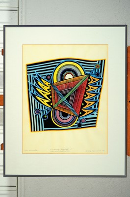 26760544k - Ursula Kühnemann, 1924-2008, 3 colored linocuts, No. I to III from the series "Unknown flying objects. but not unfriendly" from 1973, framed under PP and glass 70x55 cm