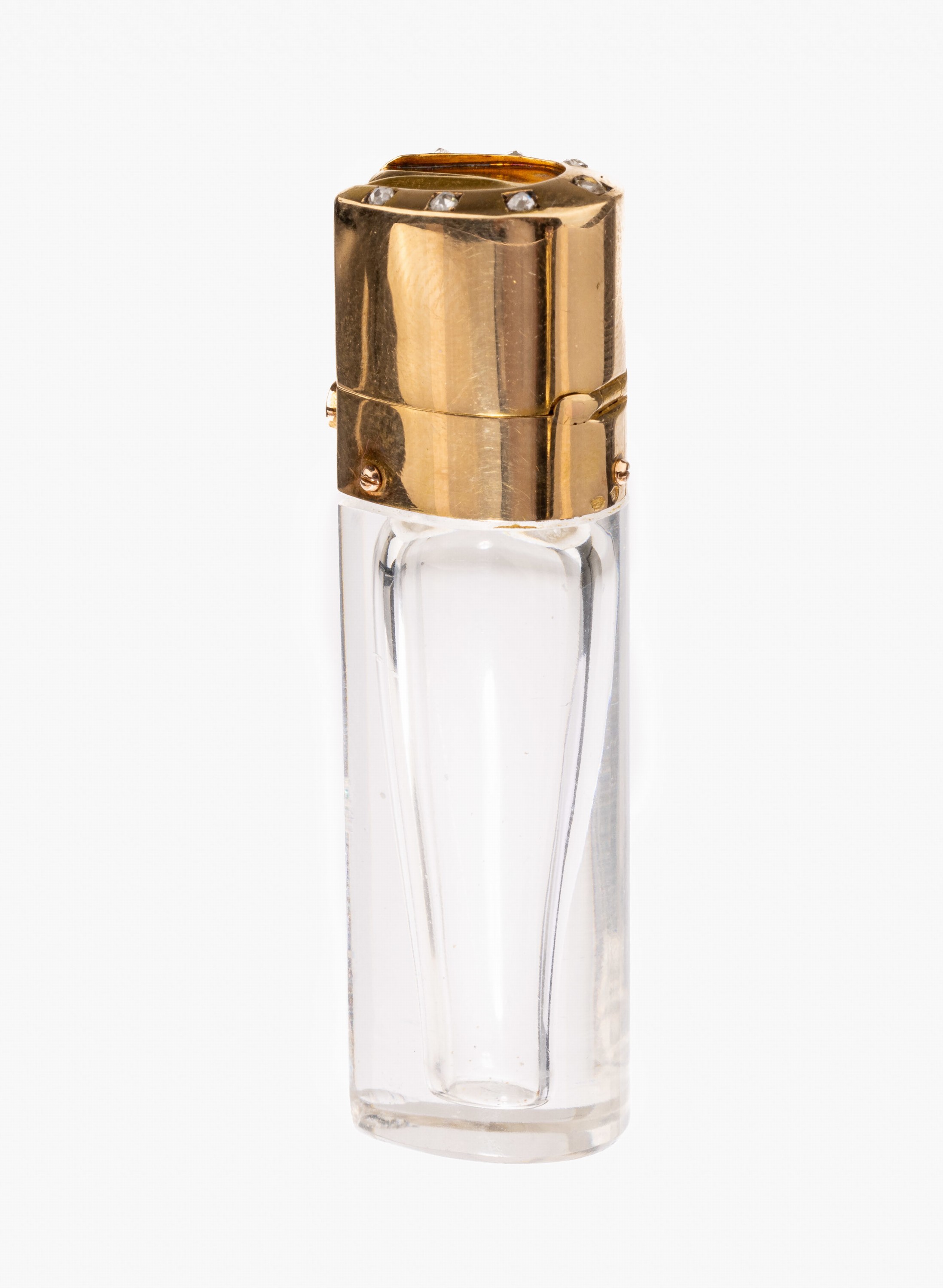 Parfumflakon mit 18 kt Gold Diamant-Montur, GG 750/000, Korpus Glas, Deckel in Form eines Pferdehufs mit 7 Diamantrosen, H. ca. 5.8 cm