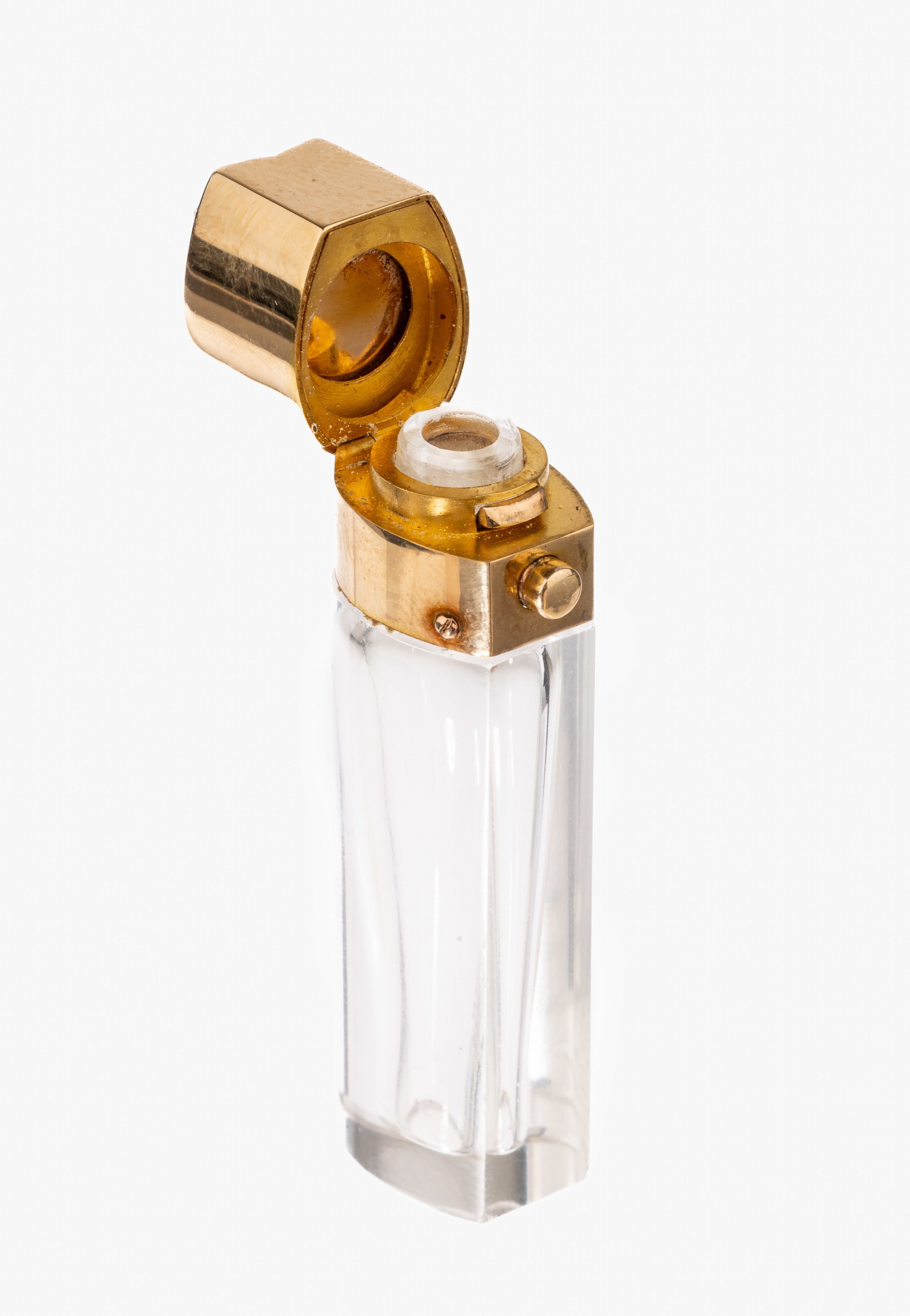 Detail a: Parfumflakon mit 18 kt Gold Diamant-Montur, GG 750/000, Korpus Glas, Deckel in Form eines Pferdehufs mit 7 Diamantrosen, H. ca. 5.8 cm