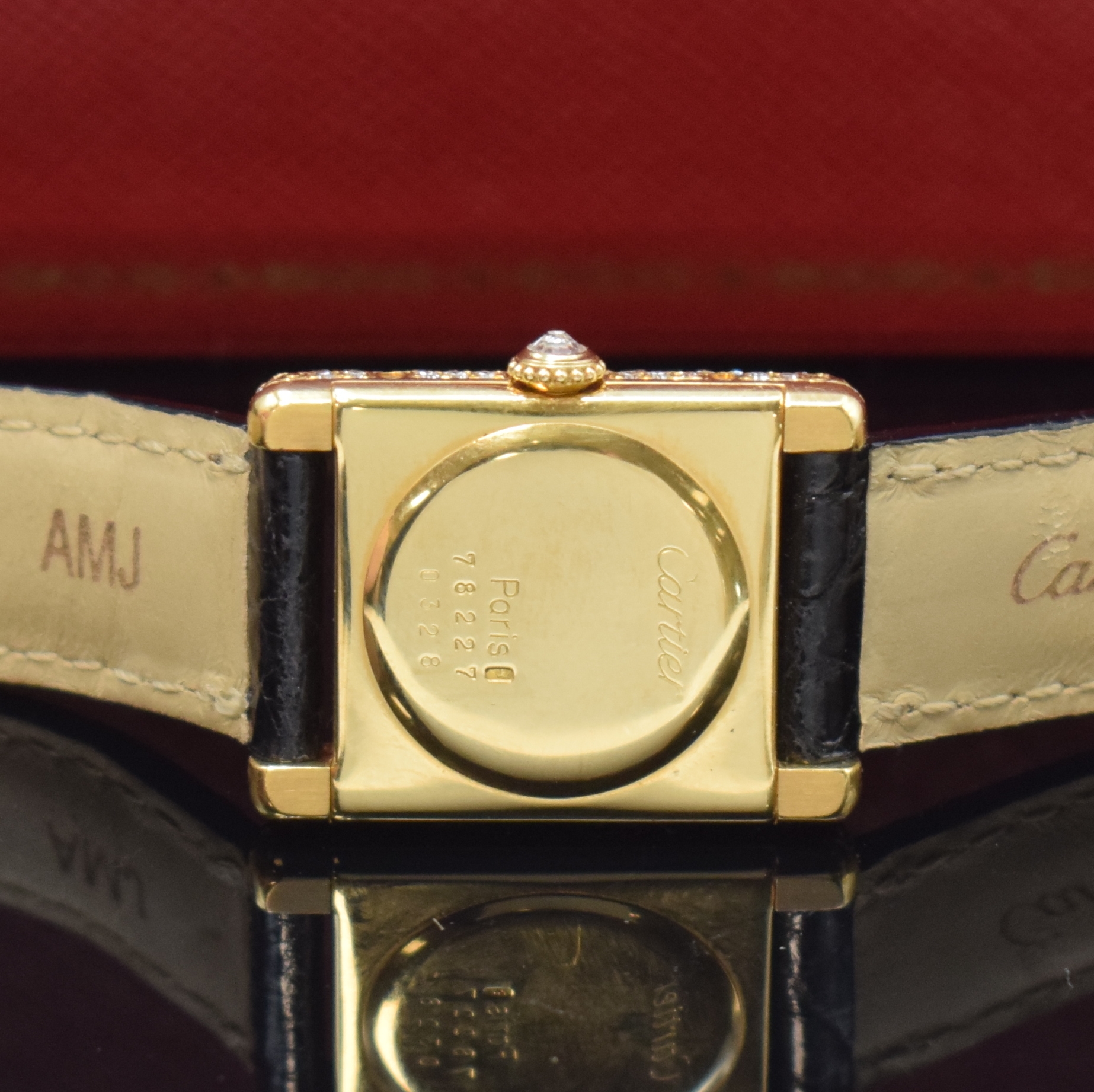 Detail e: CARTIER Tank sehr seltene Damenarmbanduhr in GG 750/000 mit Diamanten, Schweiz um 1985, Handaufzug, Geh. seitl. 4-fach verschr., Schmuckkrone, orig. ...