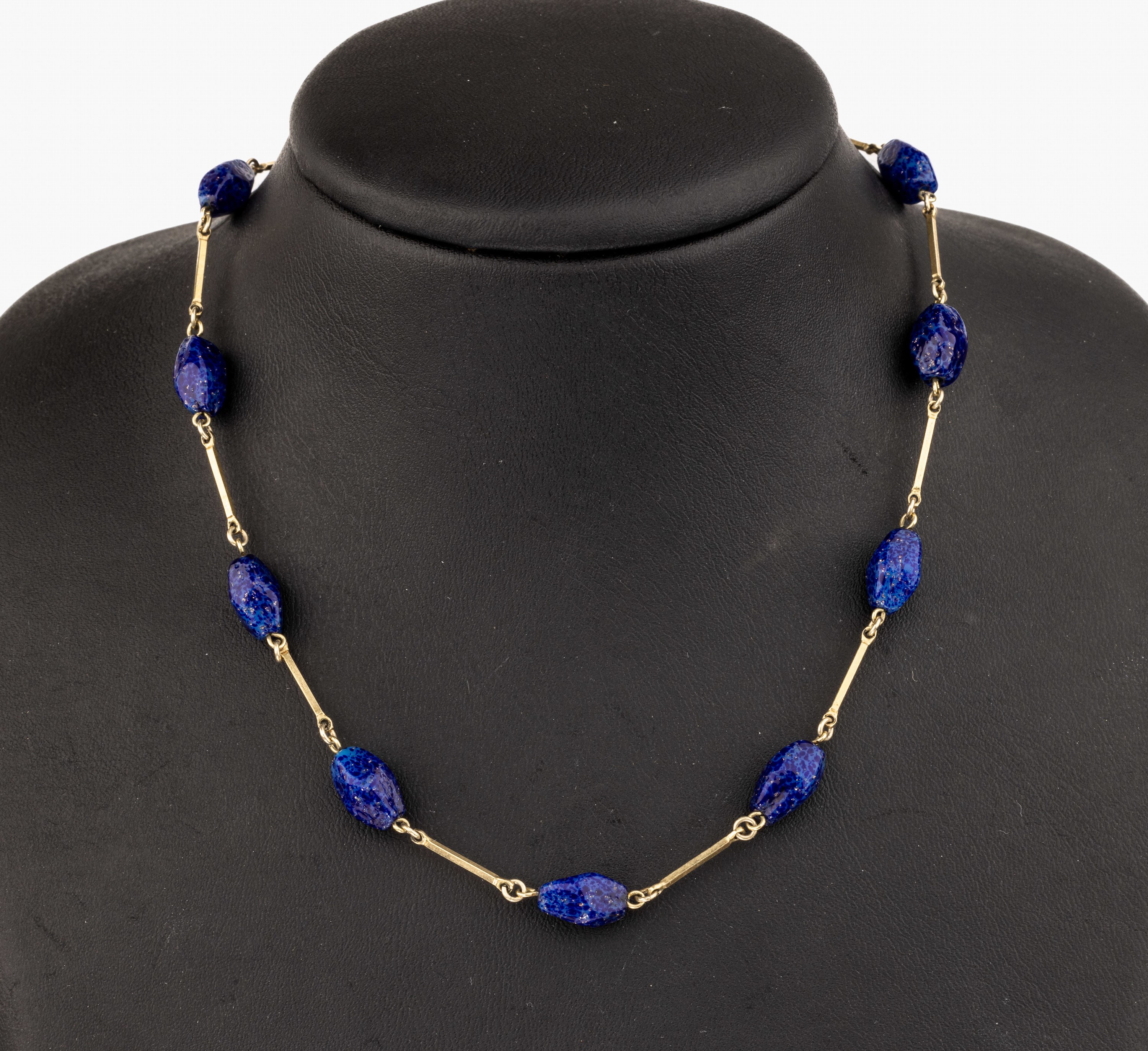 14 kt Gold Lapislazuli-Collier, GG 585/000,längliche Glieder, Zwischenglieder mit Lapislazuli, L. ca. 66 cm, Federringschließe, ca. 22.0 g
