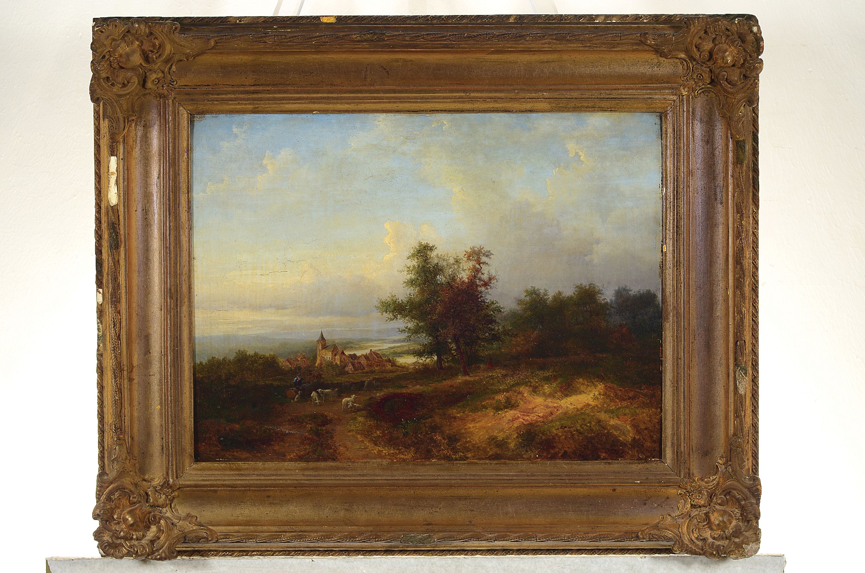 Detail k: Heinrich Bürkel, 1802 Pirmasens-1869 München , romantische Landschaft mit Hirte bei der Rast, Blick über eine Stadtkulisse auf mäandernden ...