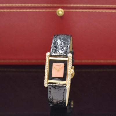 Image 26760746 - CARTIER Tank very rare 18k yellow gold ladies wristwatch with diamonds, Switzerland around 1985, manual winding, case at the sides 4- times screwed down, jeweled crown, original Cartier leather strap with original 18k yellowgold buckle, onyx/coral-dial with gilded hands, calibre 78-1 with fausses cotes decoration, 17 jewels, measures approx. 28 x 21 mm, original Cartier box enclosed, condition 2
