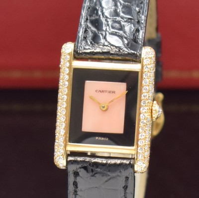 26760746a - CARTIER Tank very rare 18k yellow gold ladies wristwatch with diamonds, Switzerland around 1985, manual winding, case at the sides 4- times screwed down, jeweled crown, original Cartier leather strap with original 18k yellowgold buckle, onyx/coral-dial with gilded hands, calibre 78-1 with fausses cotes decoration, 17 jewels, measures approx. 28 x 21 mm, original Cartier box enclosed, condition 2