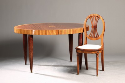 Image 26760749 - Dining table with six chairs, Art Deco, around 1920, mahogany veneer table top, frieze and frame, as well as the backs of the chairs veneered with zebra wood, extendable table, central table surface with decorative medallion, chairs with seat upholstery, approx. 72 x 130 x 110 cm , Chair: H. approx. 95 cm, Sh. approx. 45 cm, condition 2