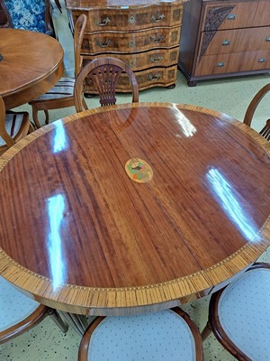 26760749c - Dining table with six chairs, Art Deco, around 1920, mahogany veneer table top, frieze and frame, as well as the backs of the chairs veneered with zebra wood, extendable table, central table surface with decorative medallion, chairs with seat upholstery, approx. 72 x 130 x 110 cm , Chair: H. approx. 95 cm, Sh. approx. 45 cm, condition 2