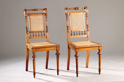Image 26760751 - Six chairs, Wilhelminian style, around 1880, solid walnut, elaborately turned, basket weaverenewed, height approx. 99 cm, sh. approx. 47 cm, condition 2