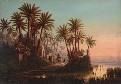 Image 26760775 - Carl W.E. Fink, 1814-1890 Kassel, Egypt - landscape with a view of the pyramids, subjectof European exoticism, stage-like composition,signed lower right W.Fink, oil/canvas, restored several times (especially at the lower edge of the picture), slight Surface damage, without frame, 68x96 cm