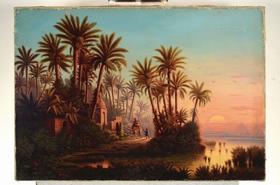 26760775k - Carl W.E. Fink, 1814-1890 Kassel, Egypt - landscape with a view of the pyramids, subjectof European exoticism, stage-like composition,signed lower right W.Fink, oil/canvas, restored several times (especially at the lower edge of the picture), slight Surface damage, without frame, 68x96 cm