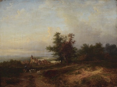 Image 26760780 - Heinrich Bürkel, 1802 Pirmasens-1869 Munich, romantic landscape with shepherd at the rest, view over a city backdrop on a meandering river, early work in the tradition of Dutch landscape painting, signed lower right, oil/wood panel, minor retouched, 37x50 cm, frame the time minor best. 57x70cm