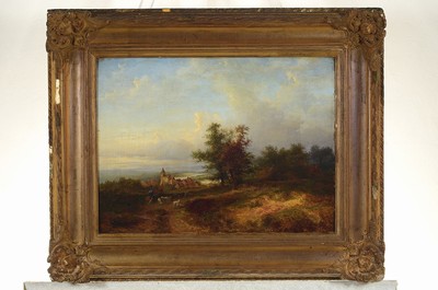 26760780k - Heinrich Bürkel, 1802 Pirmasens-1869 Munich, romantic landscape with shepherd at the rest, view over a city backdrop on a meandering river, early work in the tradition of Dutch landscape painting, signed lower right, oil/wood panel, minor retouched, 37x50 cm, frame the time minor best. 57x70cm