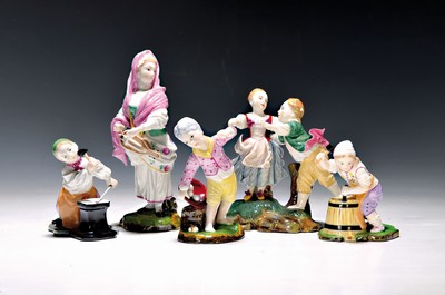 Image 26760824 - 5 porcelain figures, Höchst, designs, by J.P. Melchior, blacksmith, barrel maker, egg thief,woman with lyre, dancing couple, all hand- painted, bottom mark, 20th century, height approx. 18.5cm