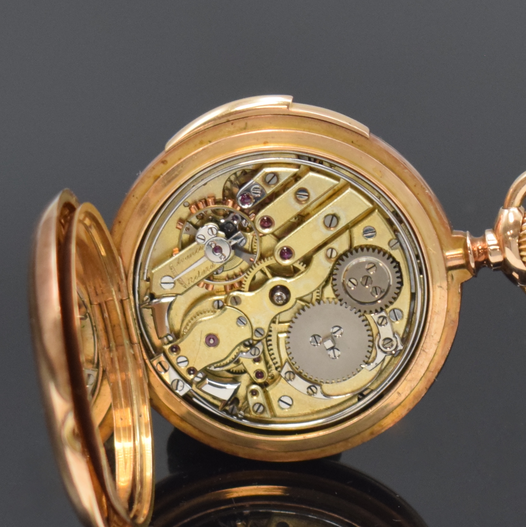 Detail f: Seltene Damensavonette mit 1/4 Std.- Repetition in RG 750/000, Schweiz um 1900, glattes 3-Deckel Goldgeh. m. a-Goutte- Schlüssen, 2 tlg. ...