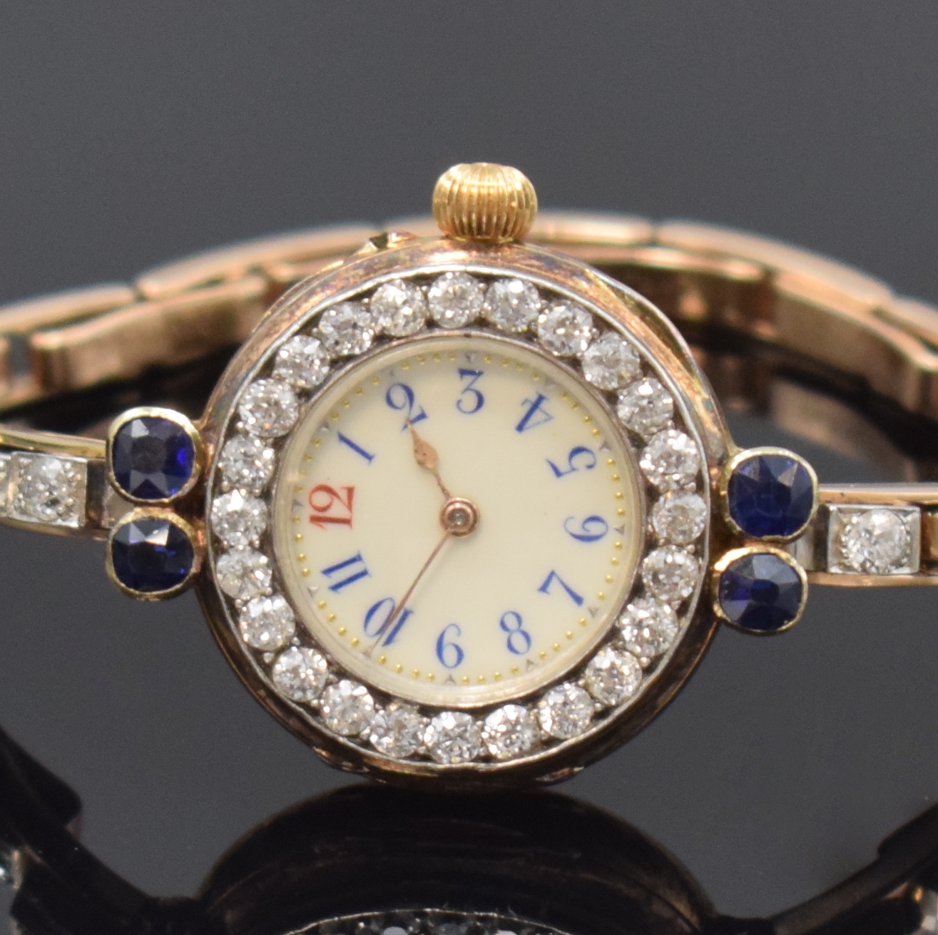 Detail a: LE ROY extrem seltene frühe hochwertige diamantbesetzte Armbanduhr in RoseG 15k, Frankreich um 1910, glattes Scharniergeh., Goldcuvette bez." ...