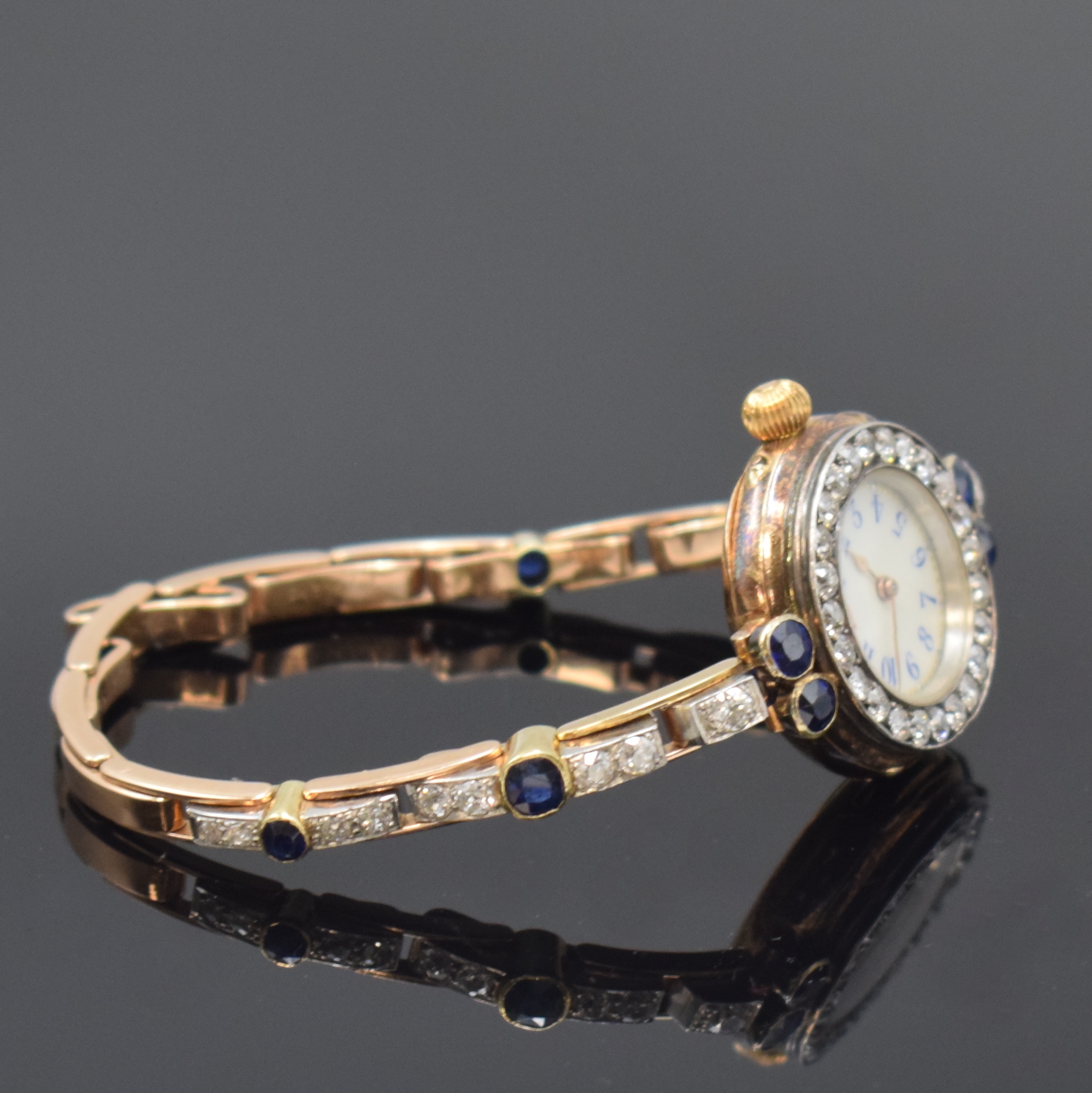 Detail c: LE ROY extrem seltene frühe hochwertige diamantbesetzte Armbanduhr in RoseG 15k, Frankreich um 1910, glattes Scharniergeh., Goldcuvette bez." ...