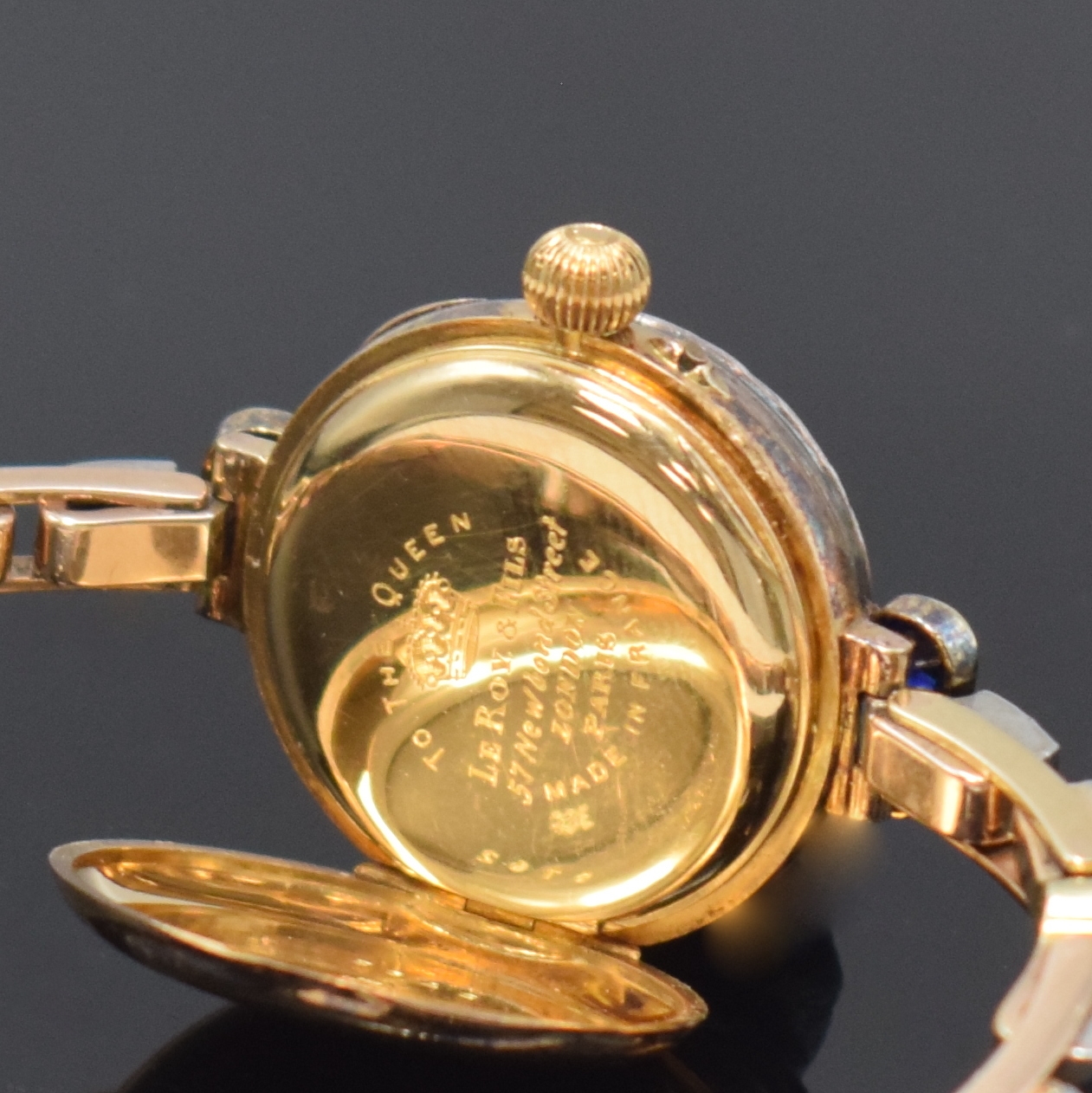 Detail g: LE ROY extrem seltene frühe hochwertige diamantbesetzte Armbanduhr in RoseG 15k, Frankreich um 1910, glattes Scharniergeh., Goldcuvette bez." ...