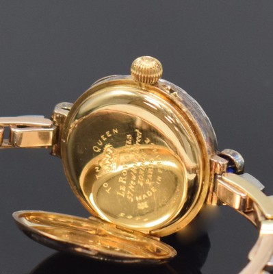 26760995g - LE ROY very rare early high-grade diamond-set wristwatch in 15k pink gold, France around 1910, smooth hinge case, hinged gold-cuvette marked" To the Queen Le Roys & Fils , 57 New Bond Street, London, Paris, Made in France", original patinated heavy strap with sapphires (approx. 1,6 ct) and old cut-diamonds (white/p approx. 2,7 ct.), frame-enamel dial, blue Arabic numerals with red 12, gilded spade hands, gold-plated precision movement, end stone on escape wheel, compensation-balance, diameter approx. 25 mm, weight approx. 35g, condition 2 extraordinary in this quality and version