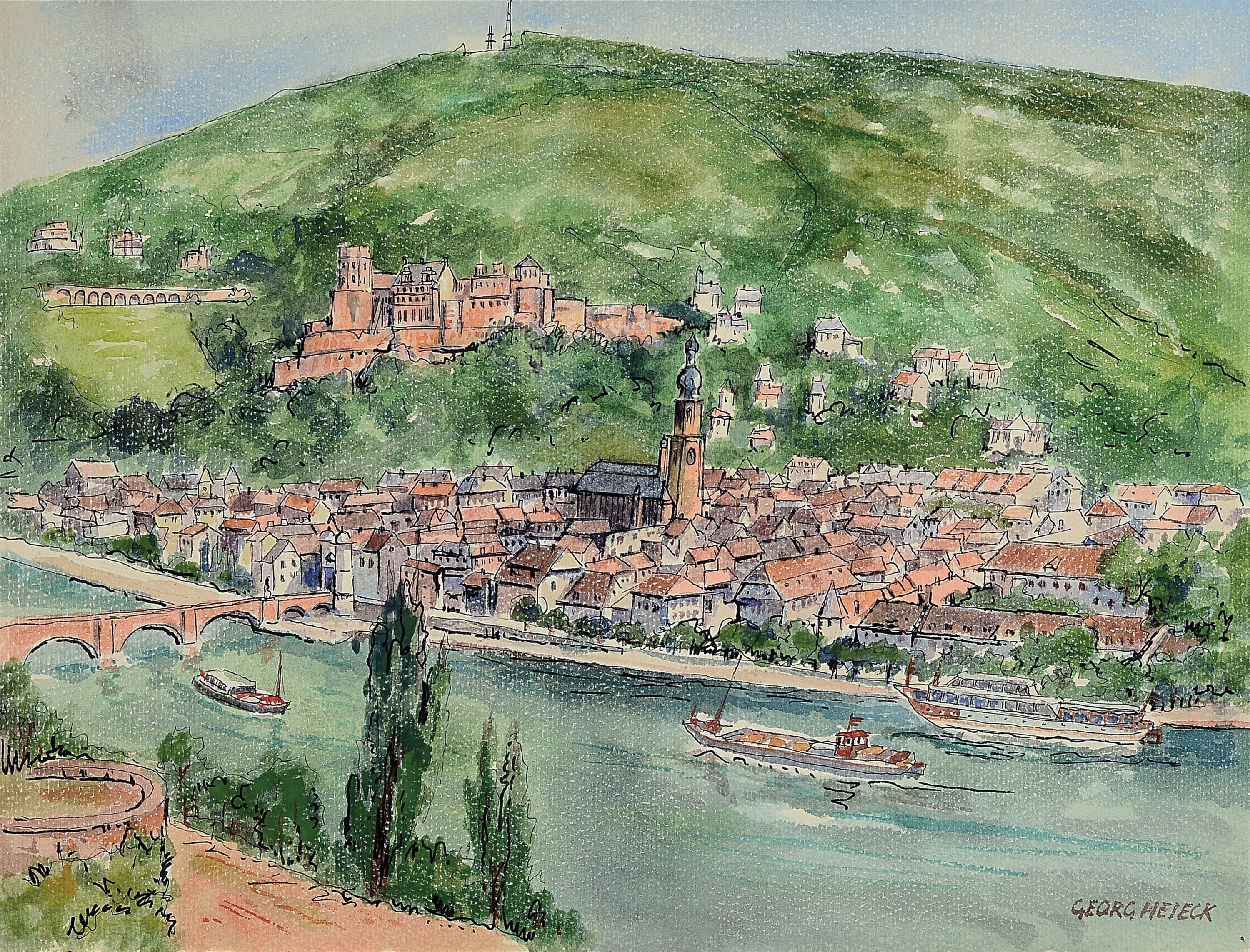 Georg Heieck, 1903 Ludwigshafen-1977 Mannheim , Aquarell, Blick vom Philosophenweg auf Heidelberg, rechts unten signiert, Ausschnitt 36x46 cm, unter ...