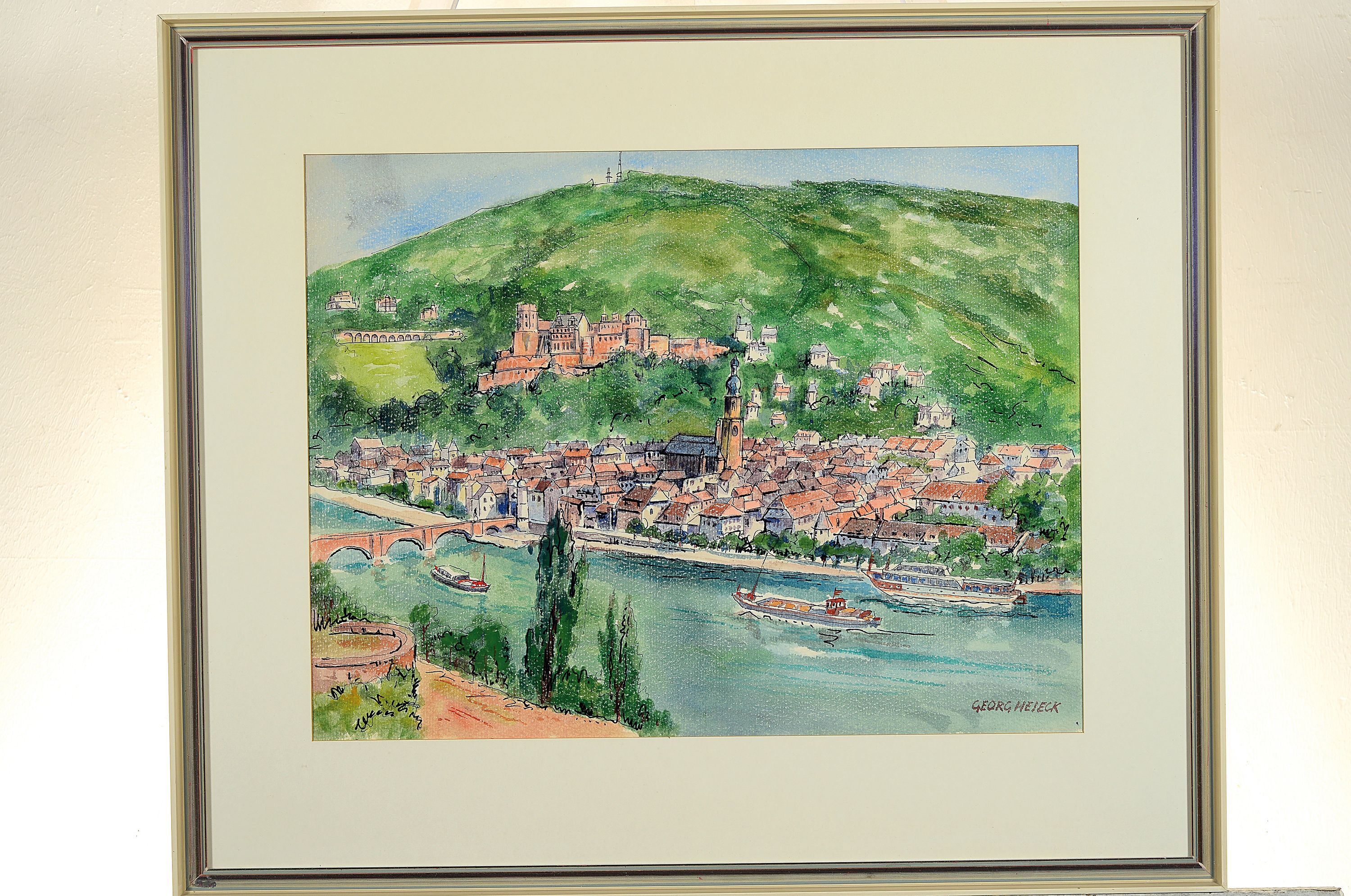 Detail k: Georg Heieck, 1903 Ludwigshafen-1977 Mannheim , Aquarell, Blick vom Philosophenweg auf Heidelberg, rechts unten signiert, Ausschnitt 36x46 cm, unter ...