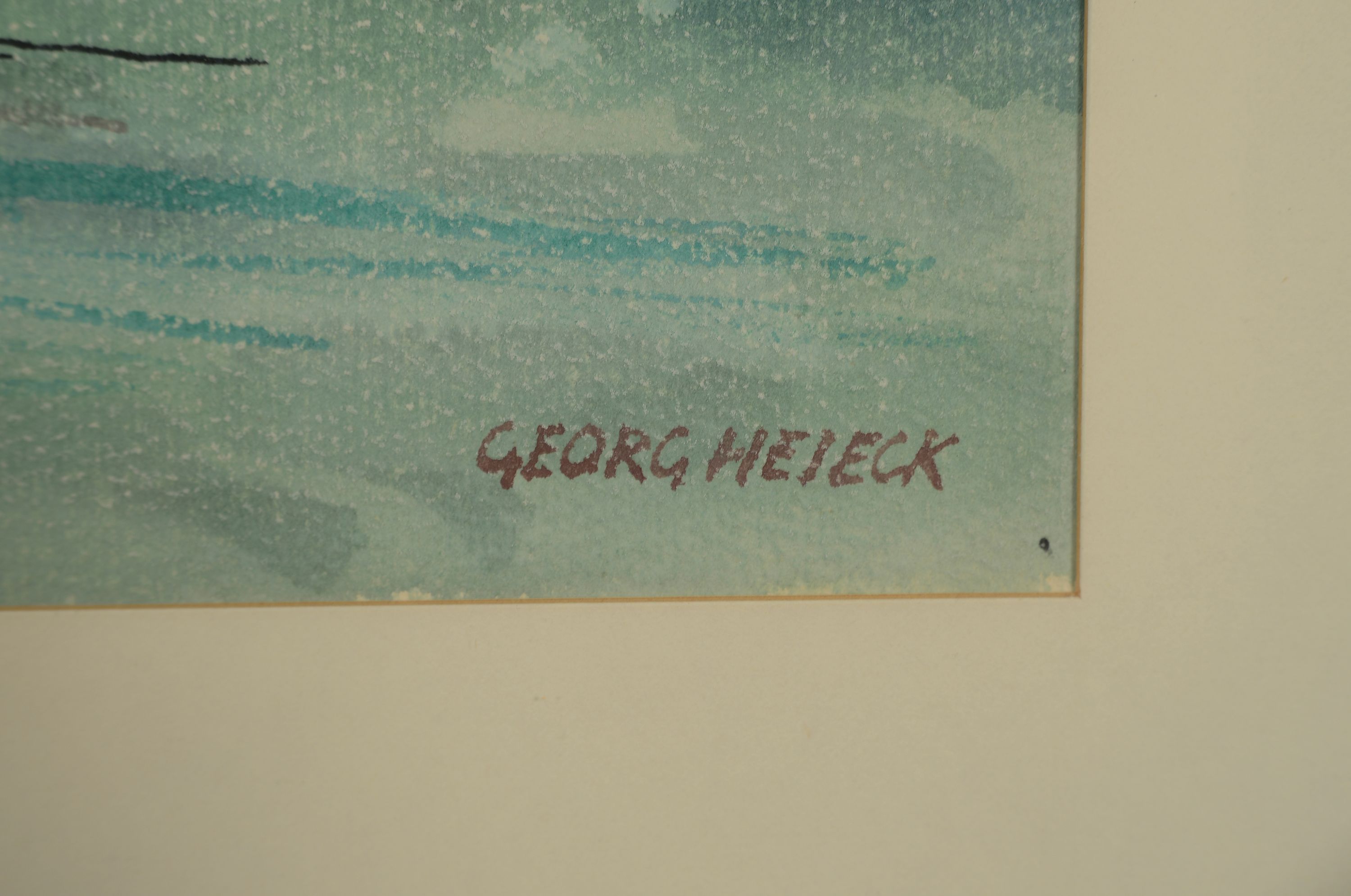 Detail l: Georg Heieck, 1903 Ludwigshafen-1977 Mannheim , Aquarell, Blick vom Philosophenweg auf Heidelberg, rechts unten signiert, Ausschnitt 36x46 cm, unter ...