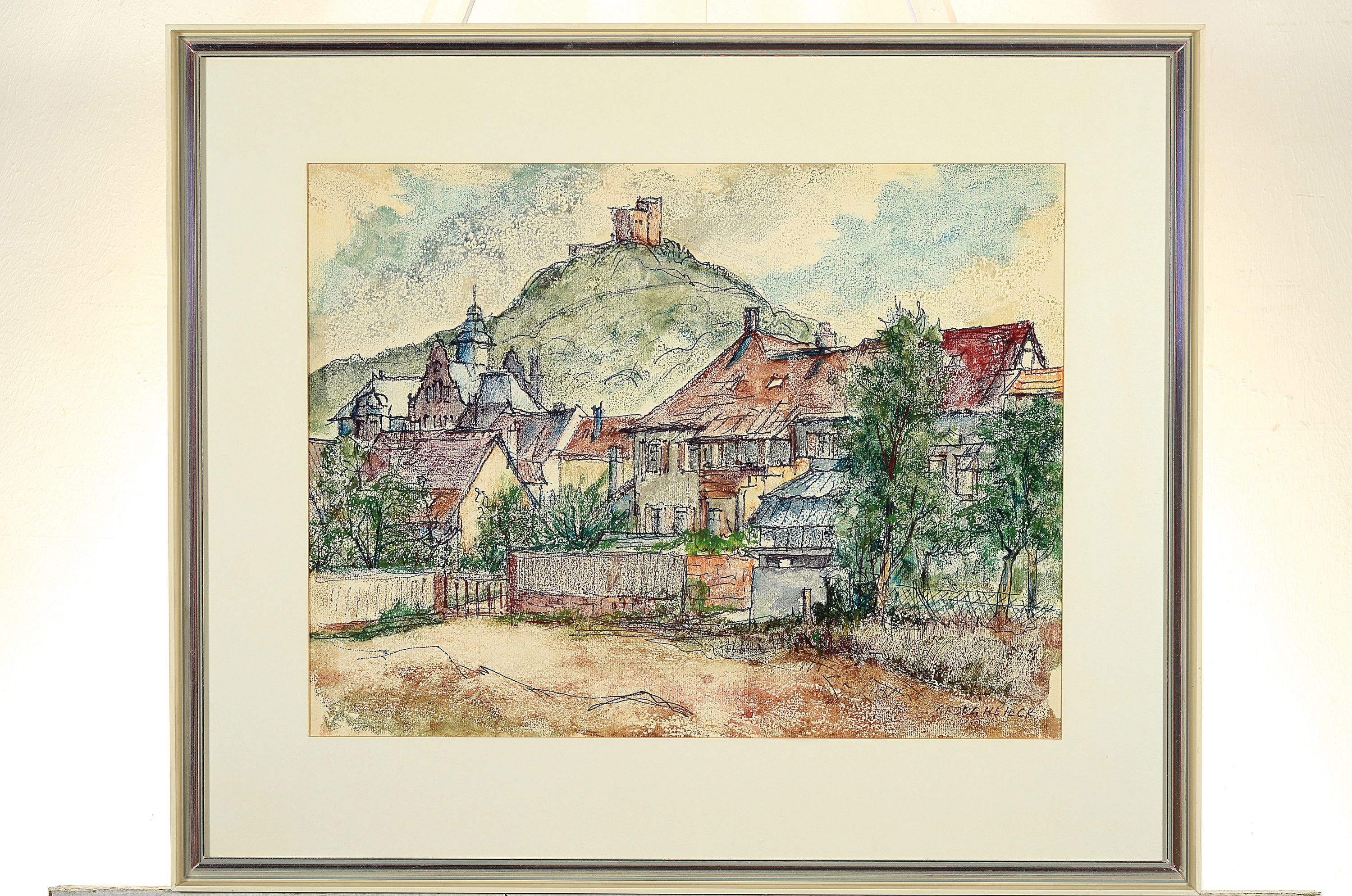 Detail k: Georg Heieck, 1903 Ludwigshafen-1977 Mannheim , Pfälzer Landschaft, Blick über Annweiler auf die Trifels, Farbkreide bzw. Mischtechnik,rechts unten ...