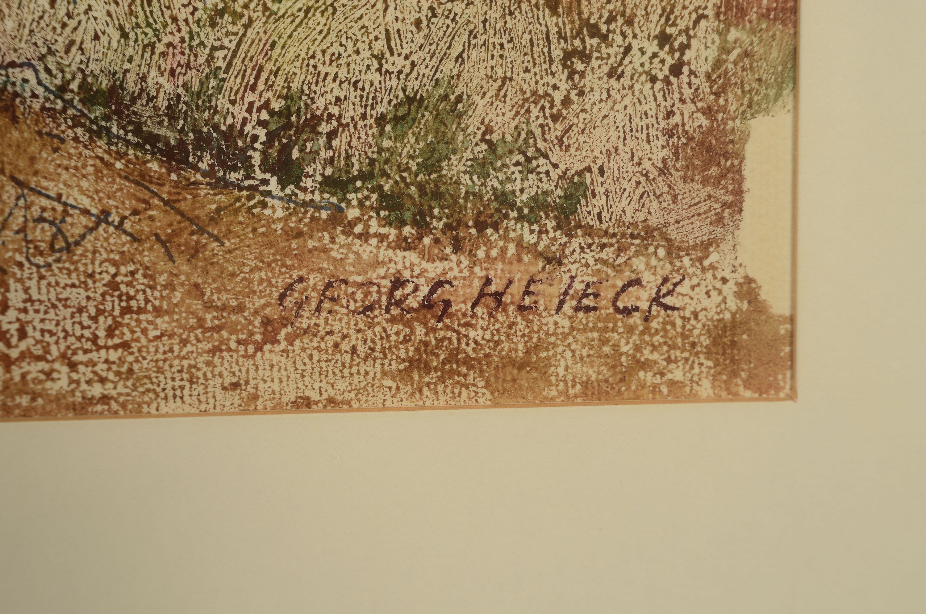 Detail l: Georg Heieck, 1903 Ludwigshafen-1977 Mannheim , Pfälzer Landschaft, Blick über Annweiler auf die Trifels, Farbkreide bzw. Mischtechnik,rechts unten ...