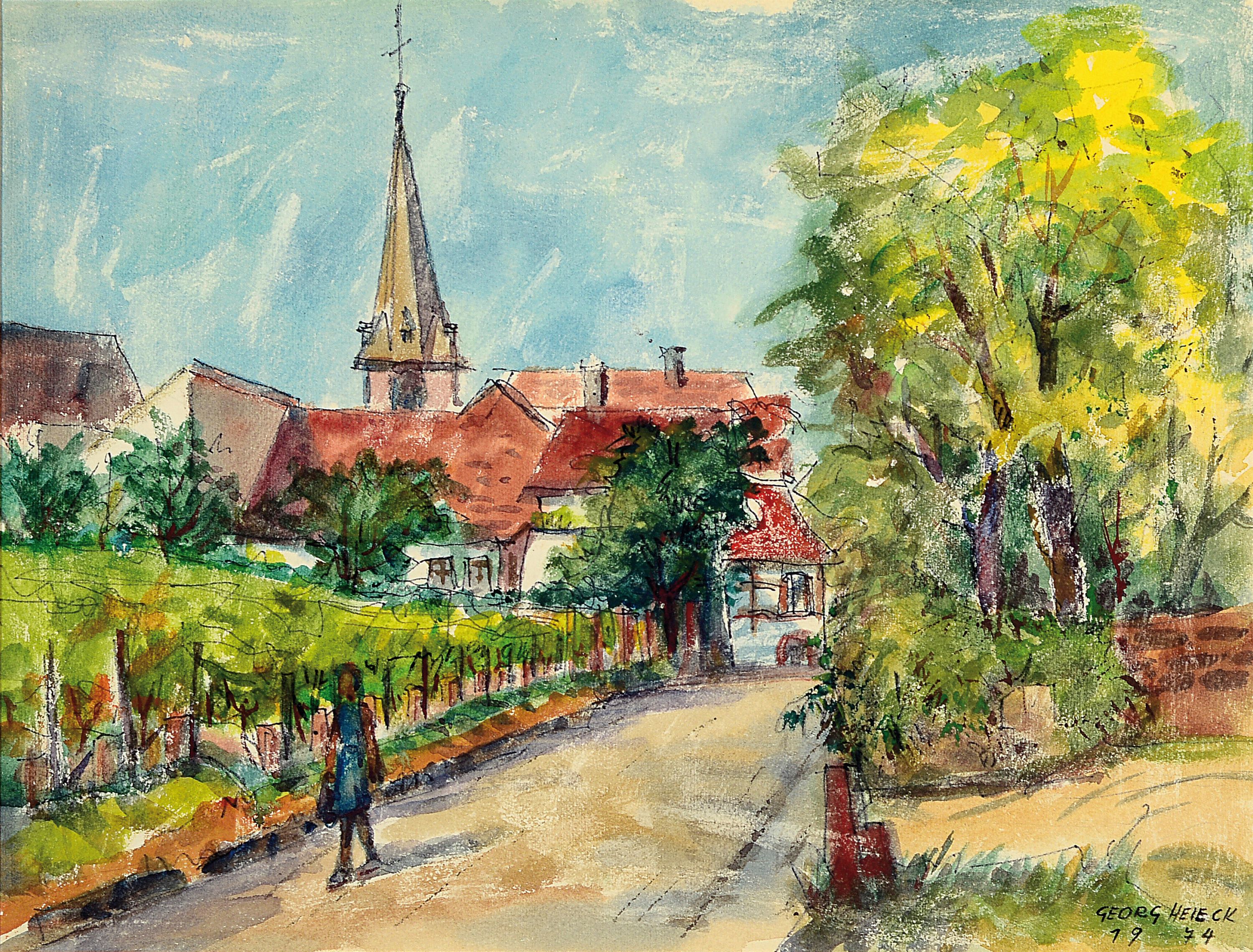 Georg Heieck, 1903 Ludwigshafen-1977 Mannheim , Aquarell, sommerliche Pfälzer Landschaft, wohl Siebeldingen, rechts unten signiert und datiert 1974, ...
