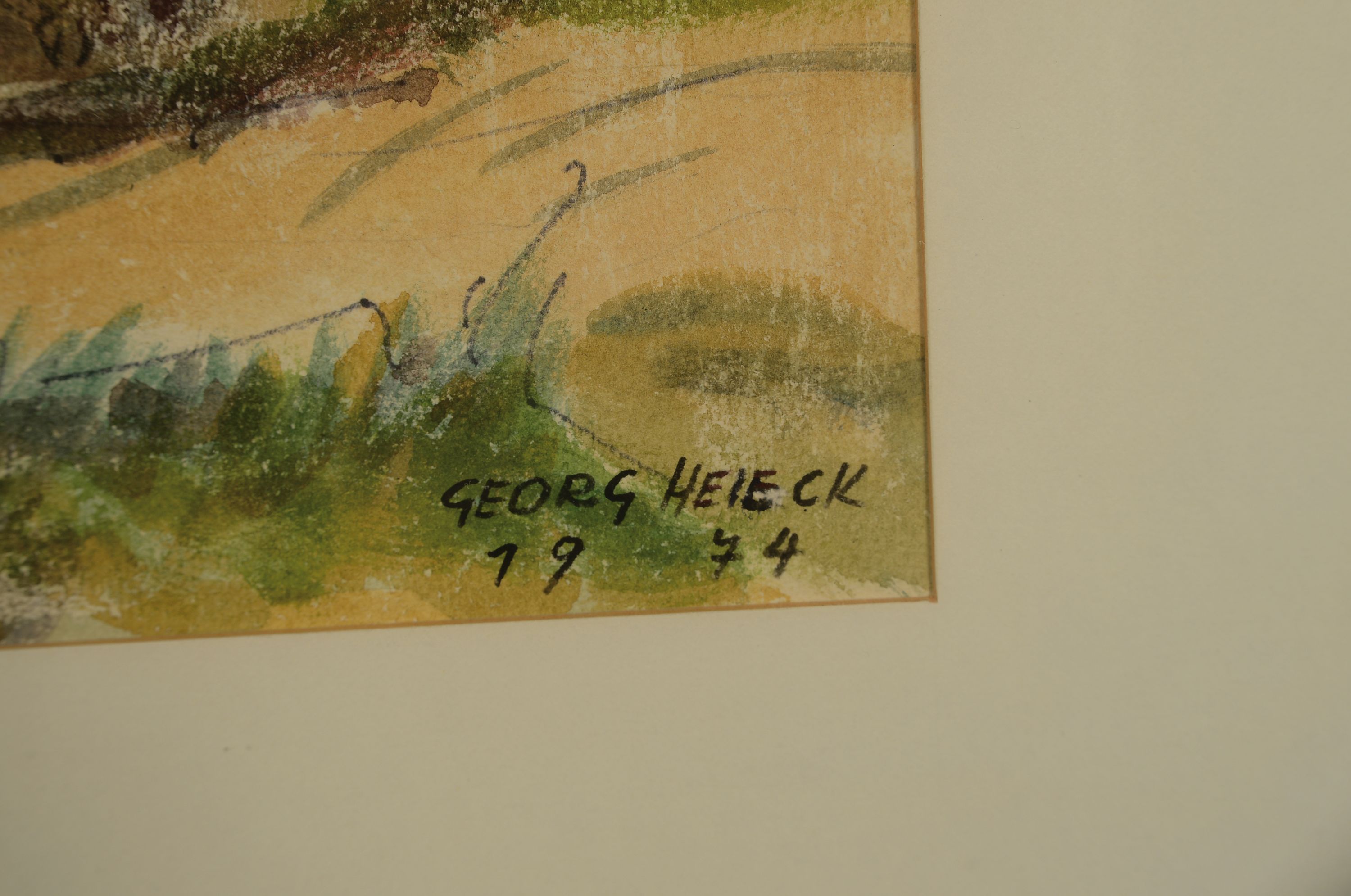Detail a: Georg Heieck, 1903 Ludwigshafen-1977 Mannheim , Aquarell, sommerliche Pfälzer Landschaft, wohl Siebeldingen, rechts unten signiert und datiert 1974, ...