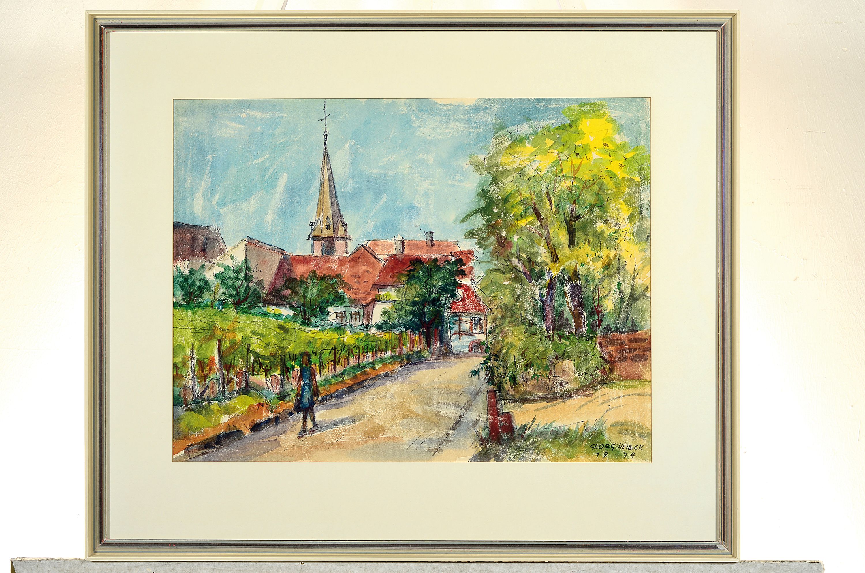 Detail k: Georg Heieck, 1903 Ludwigshafen-1977 Mannheim , Aquarell, sommerliche Pfälzer Landschaft, wohl Siebeldingen, rechts unten signiert und datiert 1974, ...