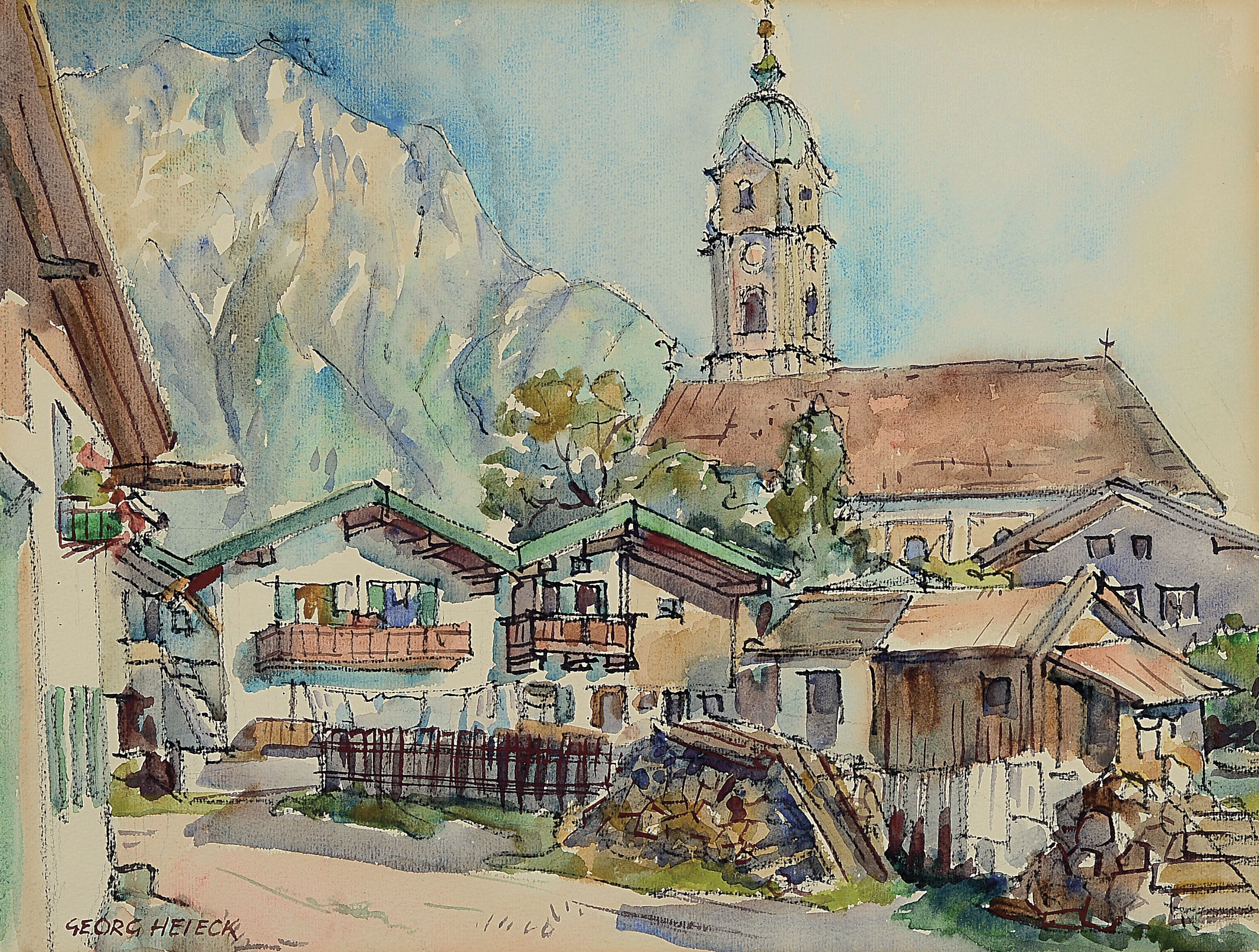 Georg Heieck, 1903-1977, 2 Aquarelle, Montmartre in Paris und bayrische Stadtansicht, je signiert, Ausschnitt je 36x46 cm, unter PP und Glas gerahmt ...