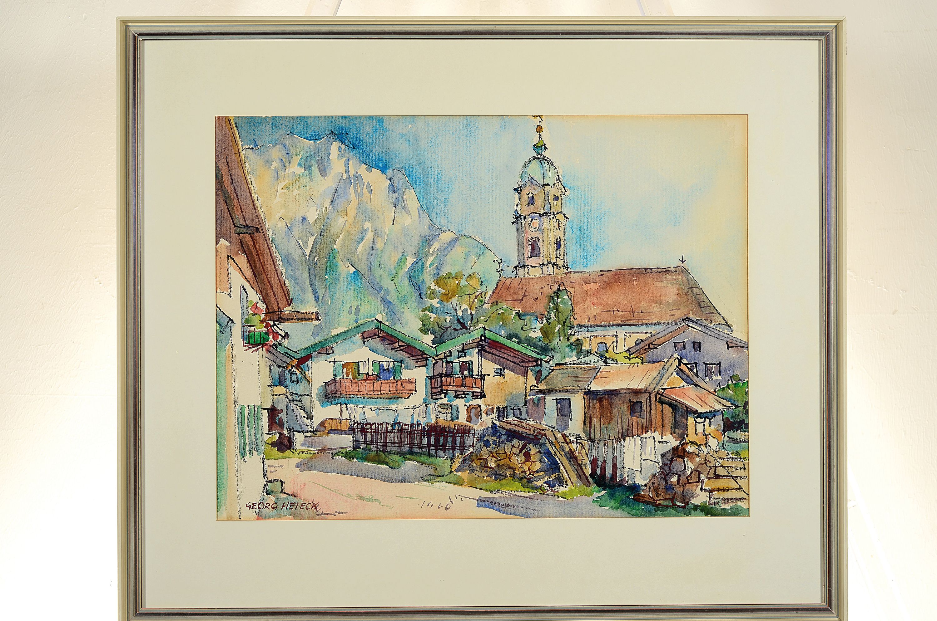 Detail k: Georg Heieck, 1903-1977, 2 Aquarelle, Montmartre in Paris und bayrische Stadtansicht, je signiert, Ausschnitt je 36x46 cm, unter PP und Glas gerahmt ...